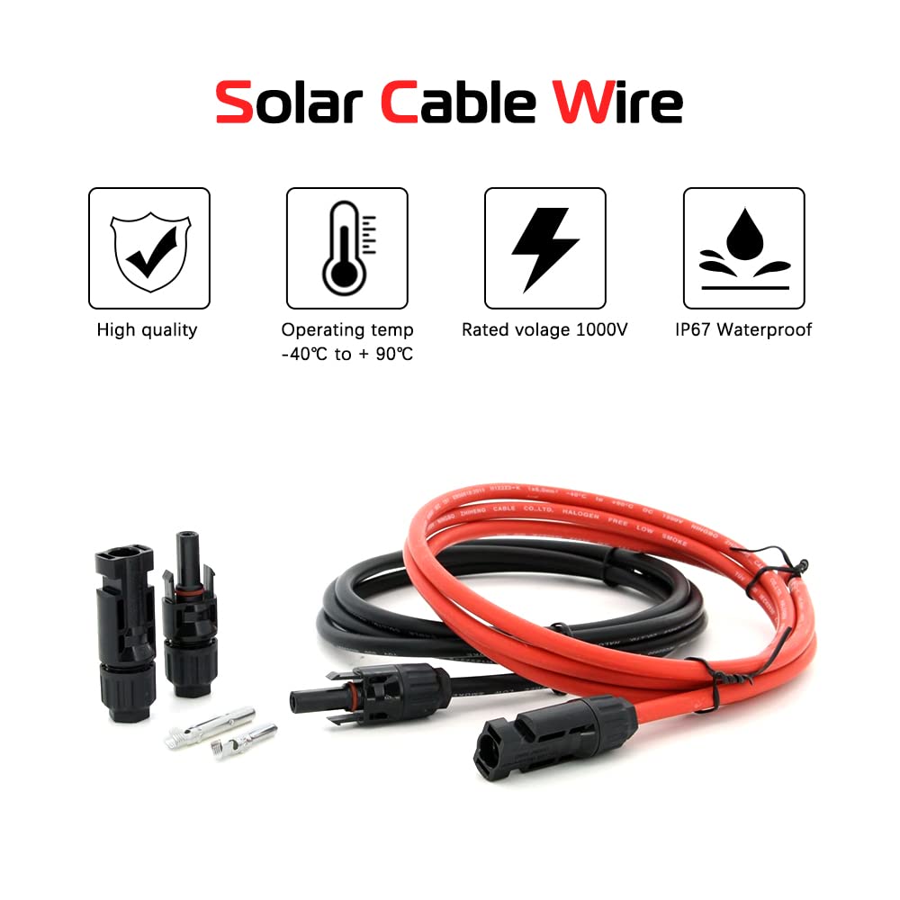 10 Gauge 10 AWG Solar Panel Extension Cable - 5 Feet Black + 5 Feet Red Wire with Solar Connectors for RV, Boat & Off-Grid Power Systems | Weatherproof & Durable Solar Energy Accessories