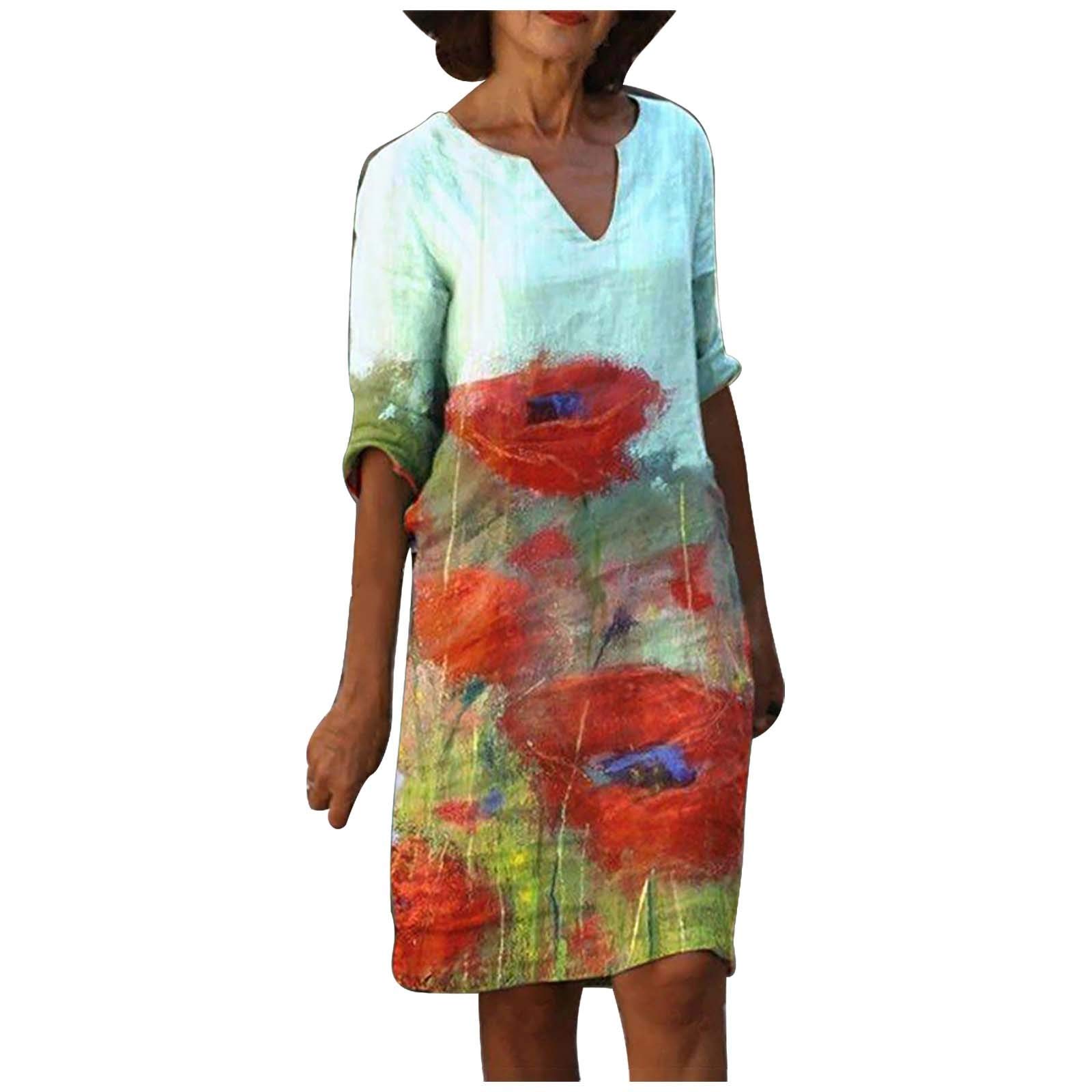 Pinkpaopao Women's Fashion Printed Mini Dress - High Waist V-Neck Midi Sleeve Summer Dress for Casual Outings, Beach Vacations & Date Nights