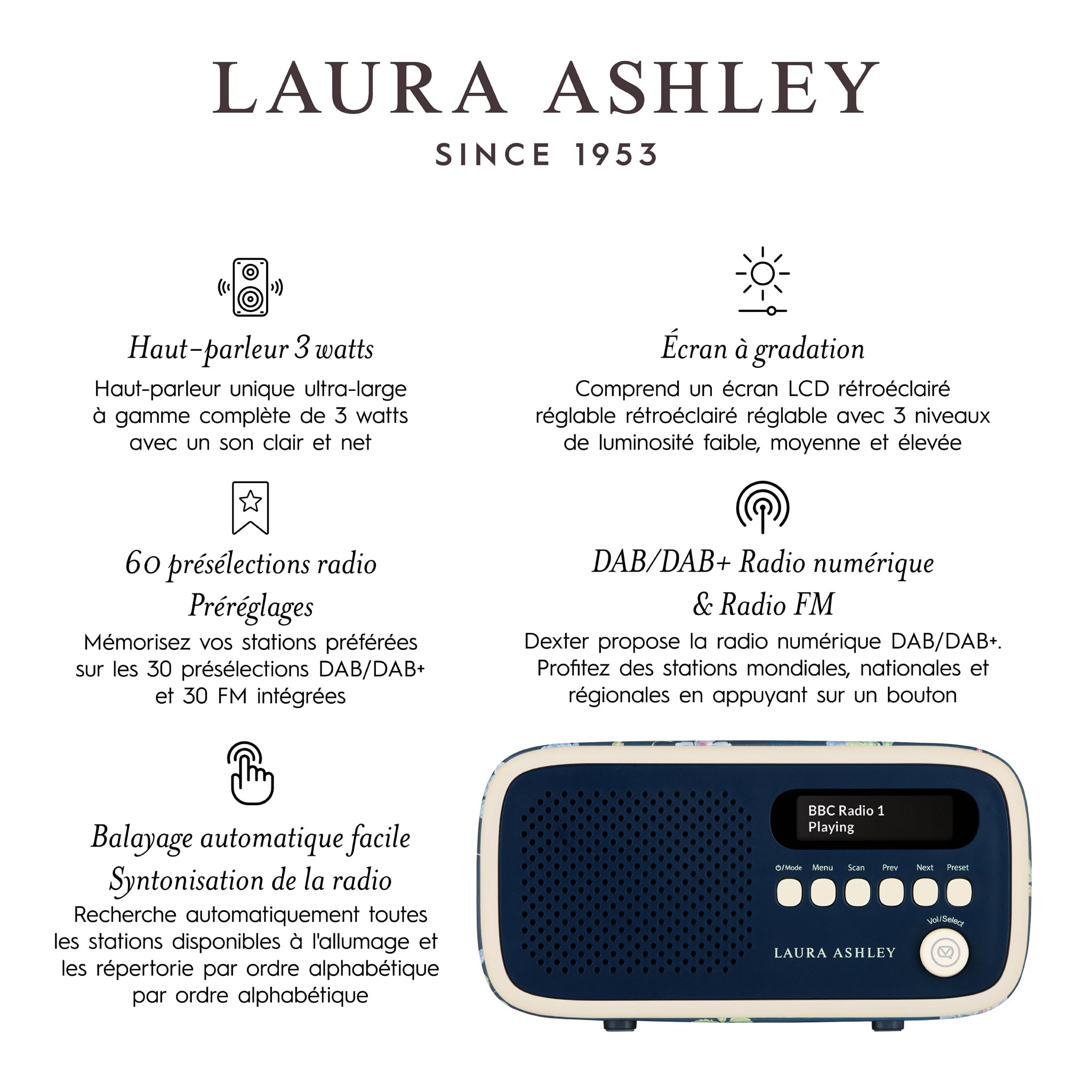 VQ Laura Ashley Dexter Dab+/Dab Radio with FM, 3W Stereo Speakers, LCD Display - Mains/Battery Powered Portable Radio with 60 Presets & Headphone Jack - Elveden Navy Blue - Perfect for Bedroom, Kitchen, Office or Travel Use