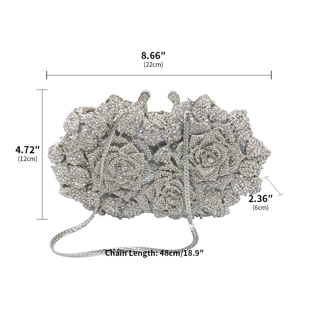 Sparkly Diamond Evening Handbags for Women - Glitter Bling Party Wedding Clutch Purse with Rose Silver Design | Perfect for Prom, Cocktail Events & Special Occasions