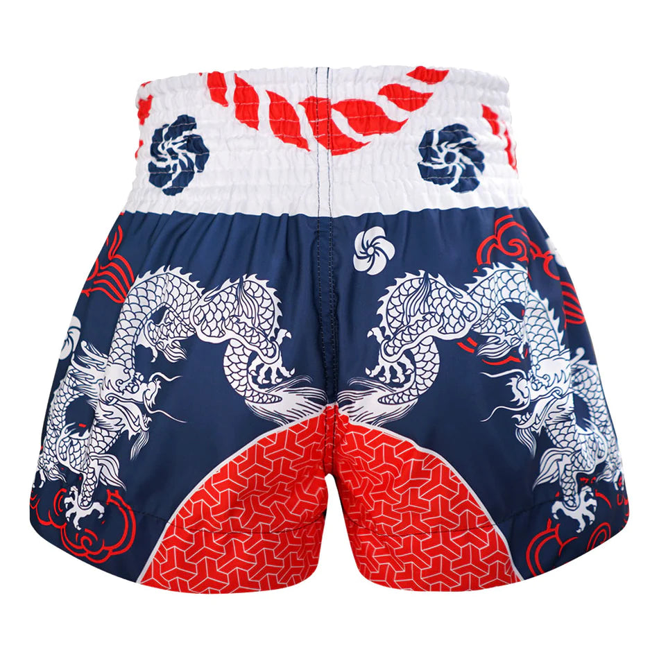 Premium Tuff Muay Thai Shorts - Samurai Design in Blue, Red & White - Ideal for MMA, Kickboxing & Martial Arts Training