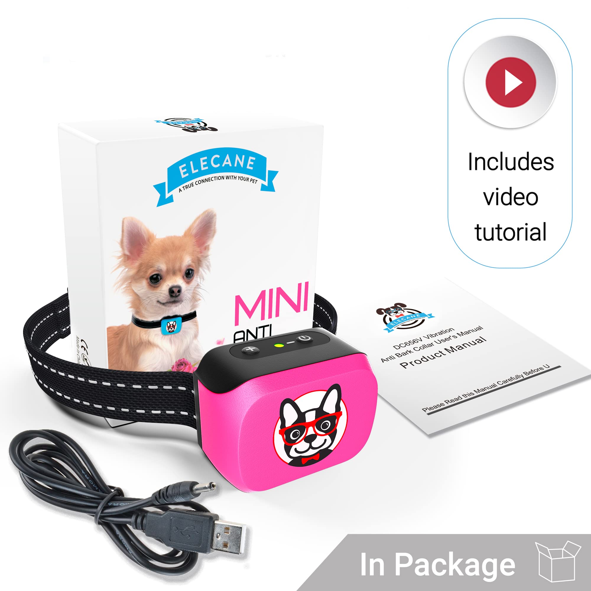 Rechargeable Small Dog Bark Collar for Dogs 5-15lbs - Humane No Shock Anti-Barking Training Collar - Lightweight Pet Bark Control Device (Pink) - Perfect for Indoor Use, Apartment Living & Noise-Sensitive Environments