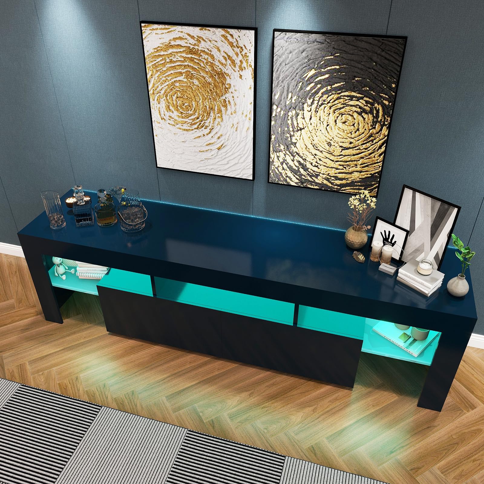 60-75 Inch Black High Gloss Wood TV Stand with LED Lights - Modern Entertainment Center with Large Drawers & Glass Display Shelf - Perfect for Living Room, Bedroom Gaming & Media Storage