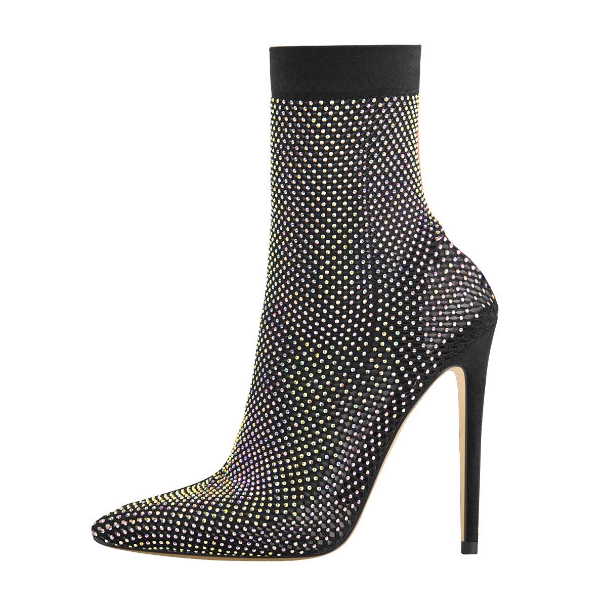Yolkomo Women's Clear Fishnet Pointed Toe Stiletto High Heel Rhinestone Sandals - Sexy Evening Party Shoes for Prom, Wedding & Nightclub Outfits