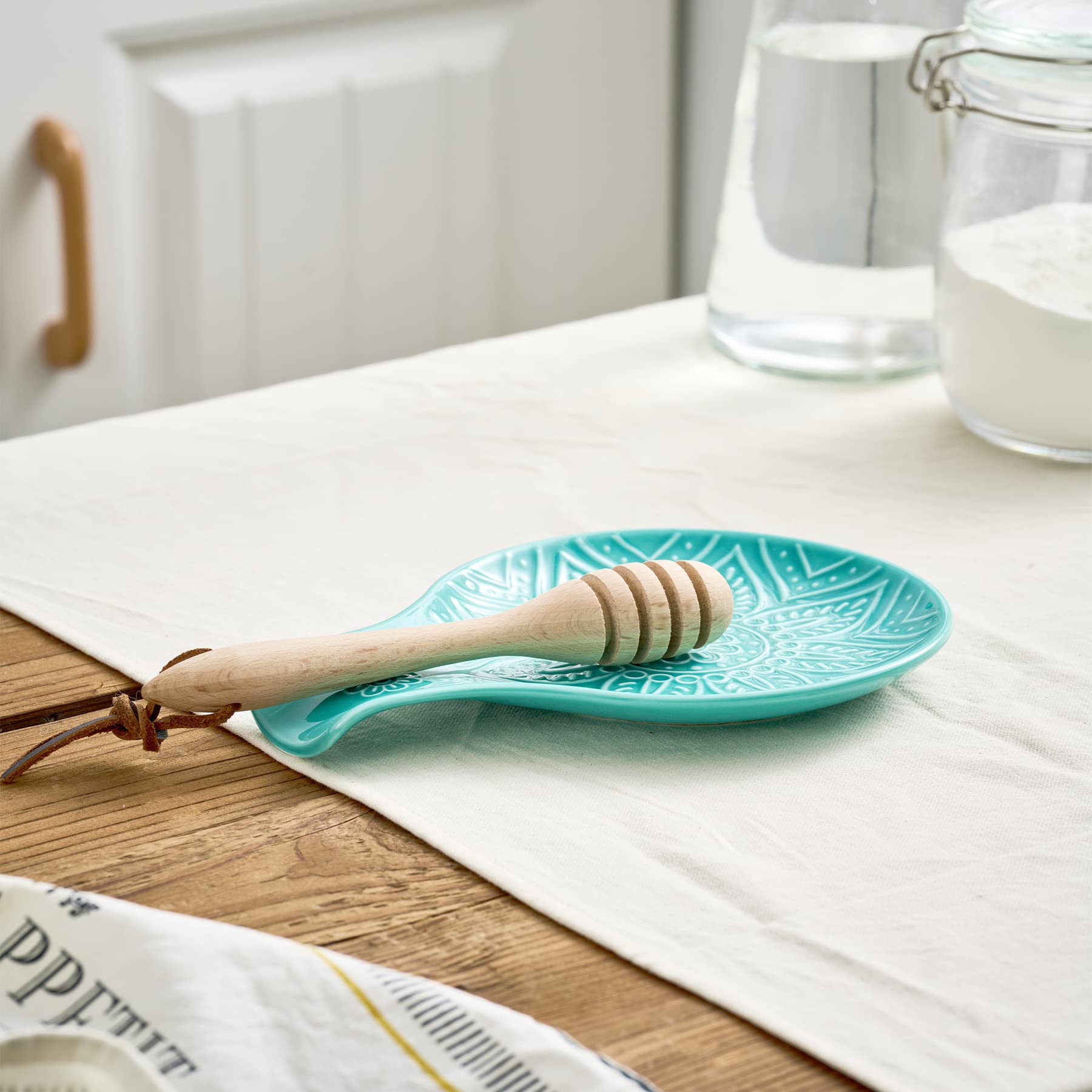 7.48 Inch Ceramic Spoon Rest - Heat Resistant Kitchen Counter Utensil Holder | Turquoise Dishwasher Safe Spoon Stand | Perfect for Cooking, Serving & Countertop Organization