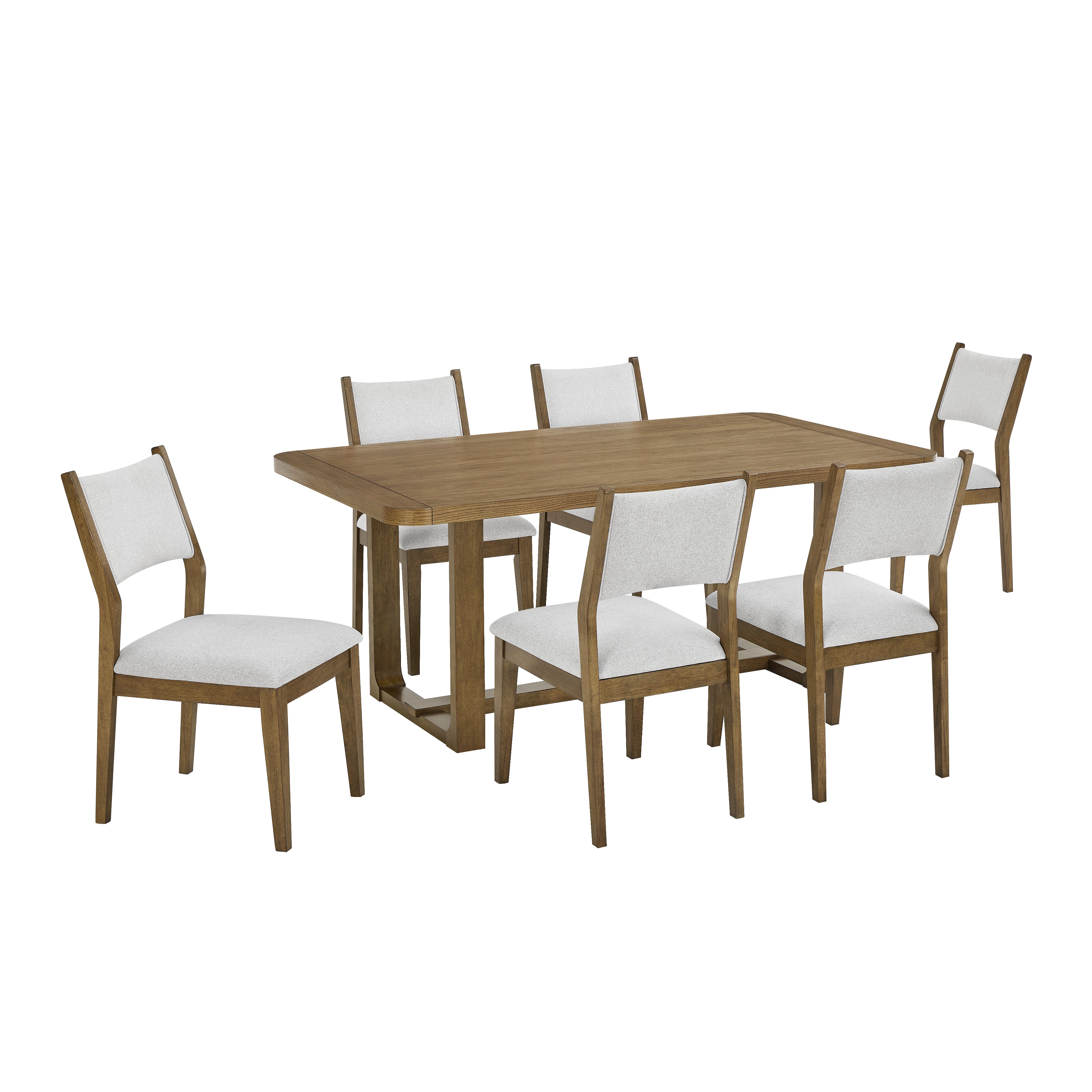 Roundhill Furniture Parker 7-Piece Dining Set - Light Oak Trestle Table with 6 Upholstered Chairs | Perfect for Family Dinners, Entertaining Guests & Kitchen Dining Rooms