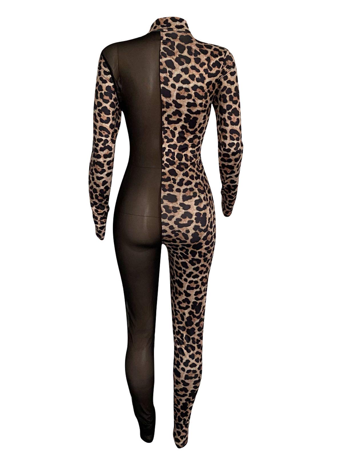 Sexy Sheer Mesh Leopard Print Bodycon Jumpsuit for Women - Deep V Neck One Piece Clubwear Romper | Perfect for Nightclubs, Parties, and Date Nights