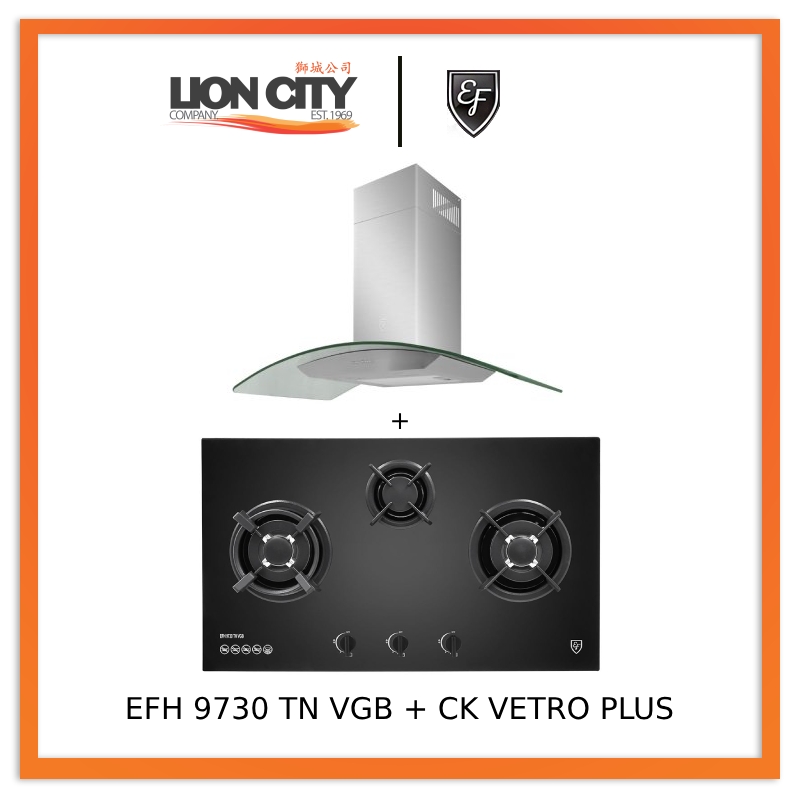 EF 90 CM Chimney Cooker Hood CK Vetro Plus & EFH 9730 TN VGB 3 Burner Built-In Glass Hob - Modern Kitchen Ventilation & Stove Combo for Home Cooking