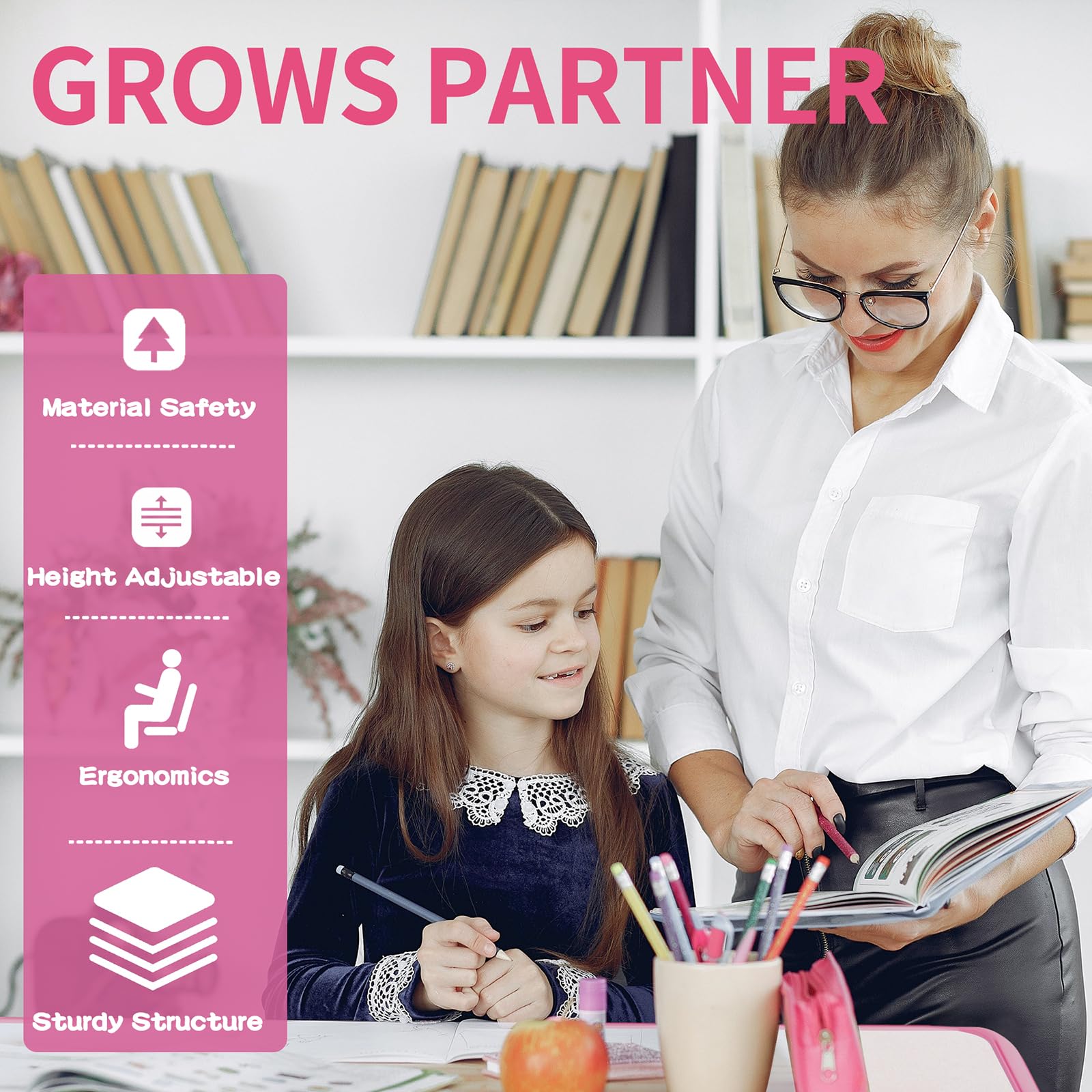 Diroan Adjustable Kids Study Desk and Chair Set - Ergonomic Height Adjustable Children's Desk with Tiltable Desktop, Book Stand, LED Light, Storage Drawer & Metal Hooks - Perfect for Homework, Reading & Online Learning (Pink)
