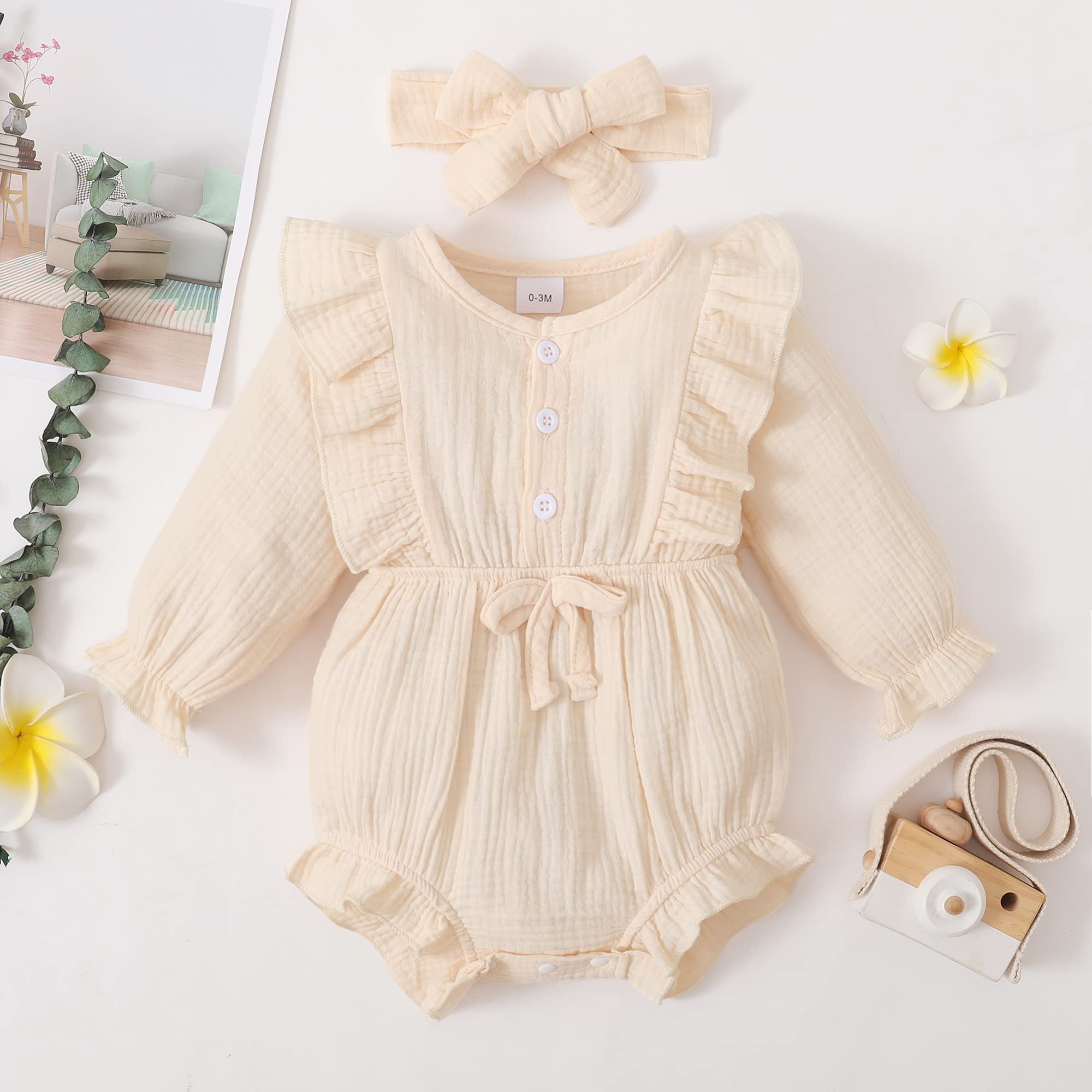 Renotemy Newborn Baby Girl Clothes - Soft Cotton Linen Romper with Ruffle Detail | Cute Solid Color Jumpsuits for Infants 0-24 Months | Perfect for Photo Shoots, Playtime & Special Occasions