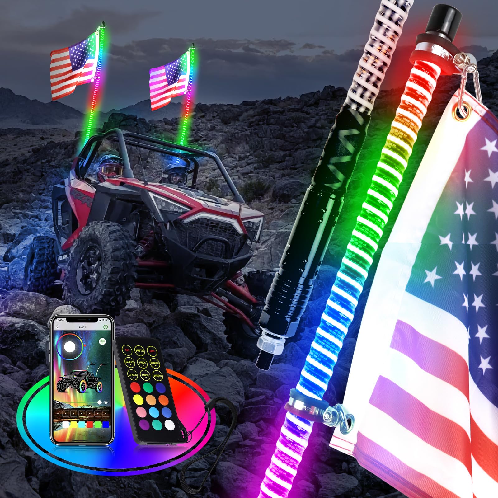 2PCS 2FT COB UTV Whip Lights - 2024 Upgraded Super Bright LED Whip Lights with RGB Chasing Effects for UTV/ATV/RZR/SXS/Can-Am/Polaris - Perfect for Off-Roading, Night Riding & Trail Adventures