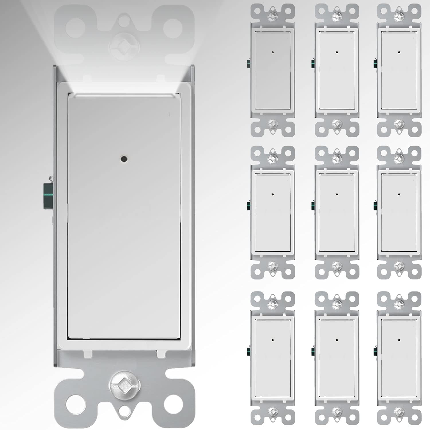 SOZULAMP Night Light Wall Switch with Dusk to Dawn Sensor - Easy Install, No Neutral Wire, Child Safe - 15A 120V Single Pole Residential Grade (10 Pack, Daylight LED) - Perfect for Hallways, Bedrooms & Bathrooms