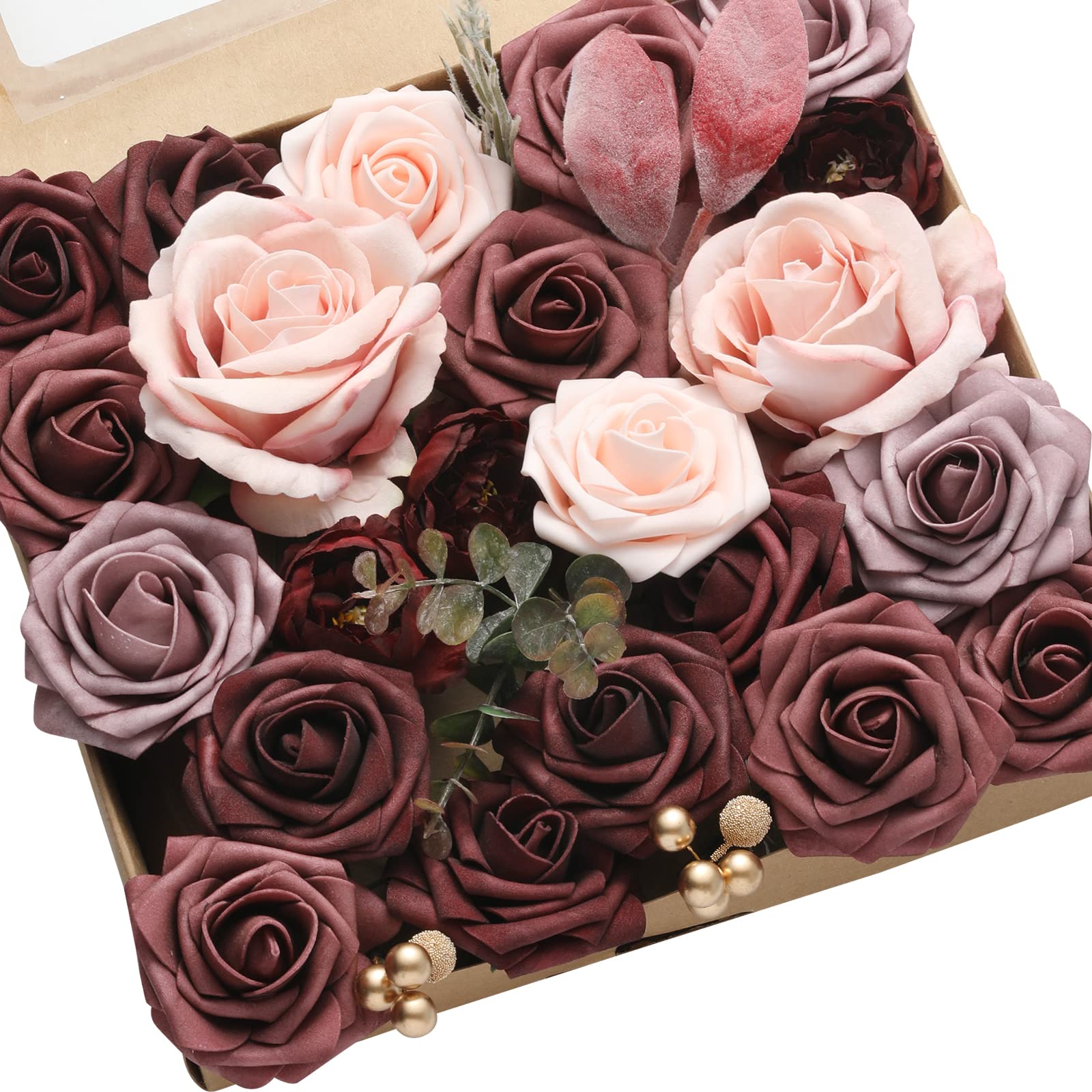 DerBlue Artificial Silk Roses - Realistic Fake Flowers for DIY Wedding Bouquets, Centerpieces, Party Decor, Baby Shower Arrangements & Home Decor (Bean Paste Powder & Burgundy) - Perfect for Romantic Weddings, Table Settings, and Gift Wrapping