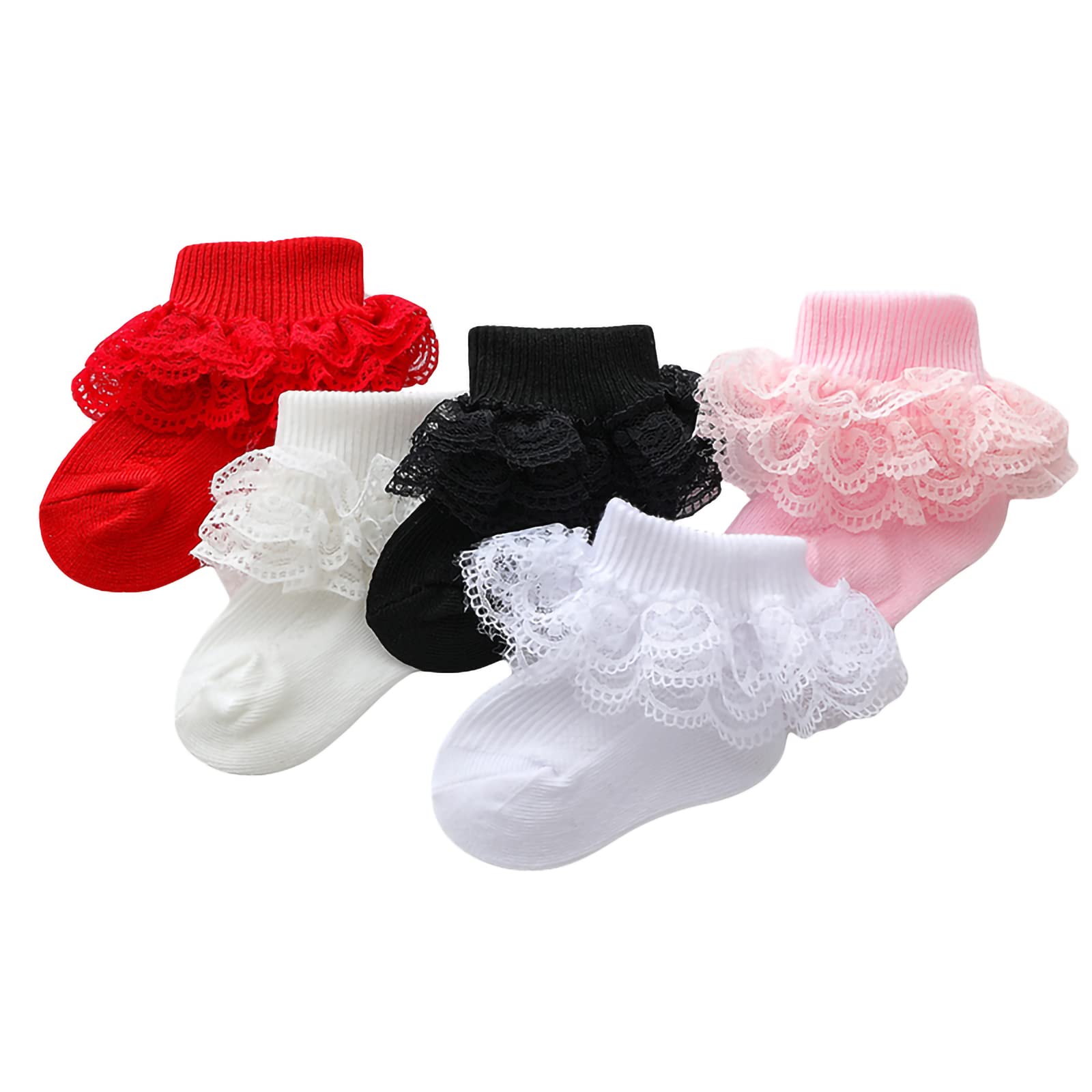 Baby Girl Frilly Lace Ruffle Ankle Socks - 5 Pairs Soft Cotton Dress Socks for Newborn & Infant - Perfect for Special Occasions, Photo Shoots & Everyday Outfits