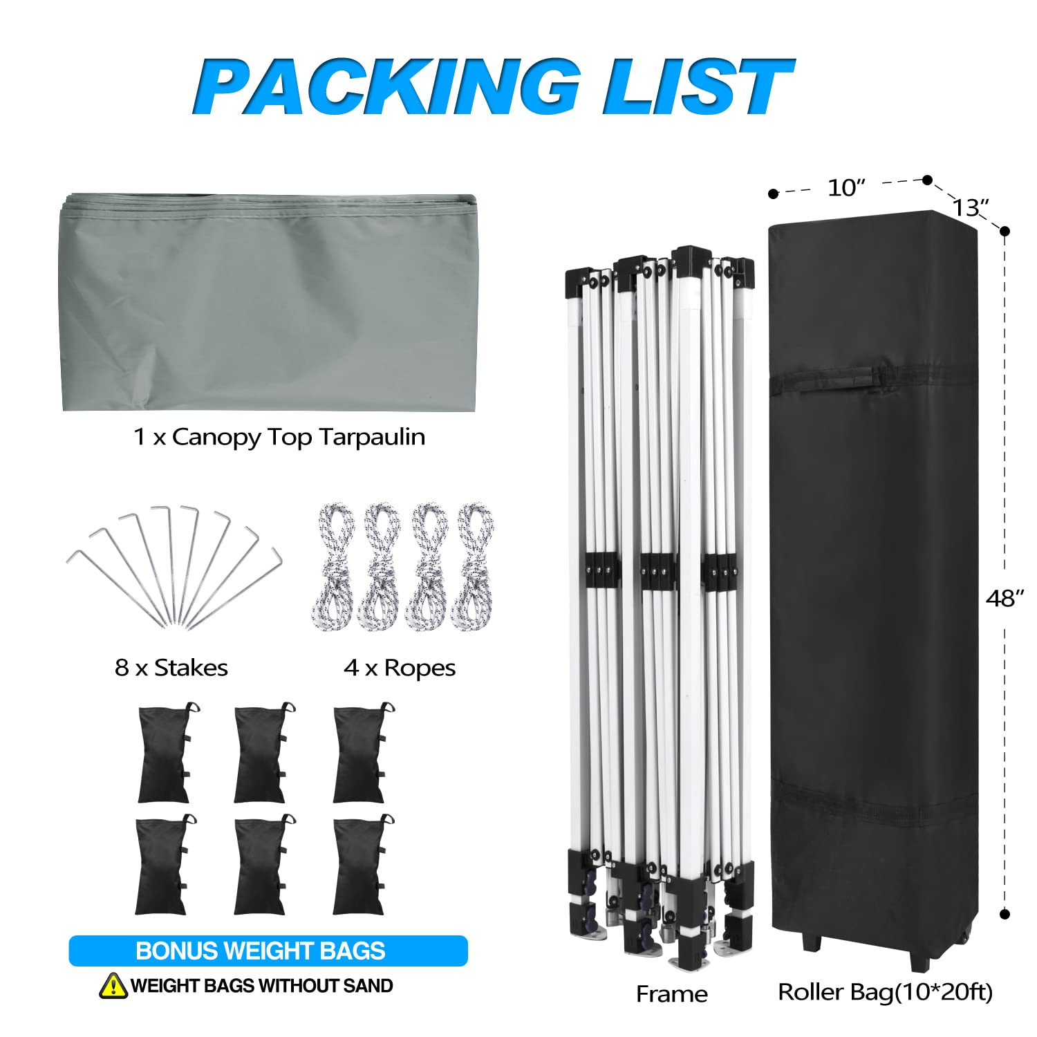 10x20 Pop Up Canopy Tent - Instant Shade Outdoor Shelter with Waterproof Adjustable Roof, Includes Roller Bag, 8 Stakes, 6 Sand Bags & 4 Ropes - Perfect for Beach Parties, Camping, Backyard BBQs and Outdoor Events