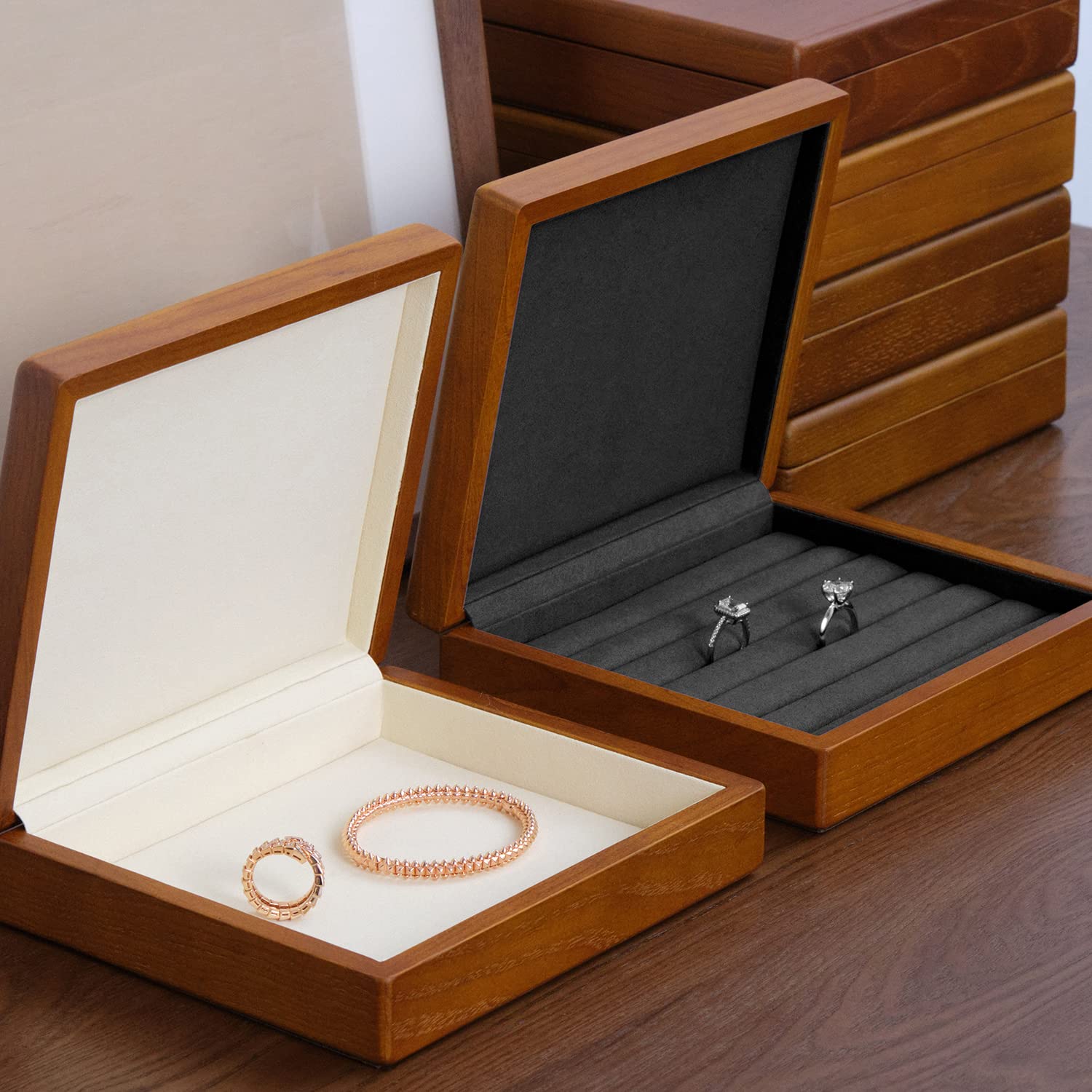 Oirlv Solid Wood Jewelry Box Organizer - Earrings & Ring Storage Tray with Lid, Creamy-White Flat Box for Dresser & Vanity | Perfect for Bedroom, Bathroom & Travel