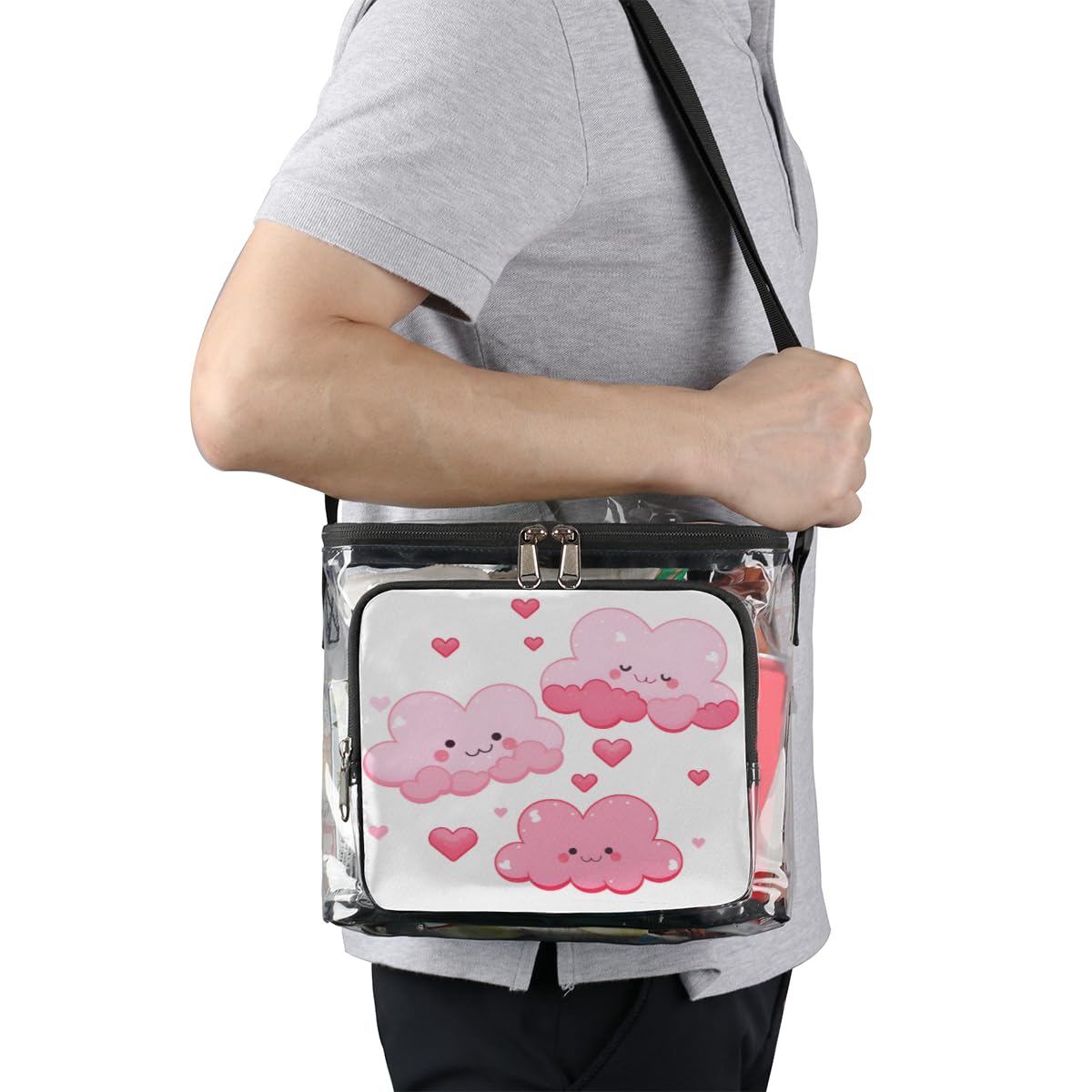 GzLeyigou Cute Pink Clouds Clear Tote Bag with Handles - Transparent Crossbody Shoulder Bag for Lunch, Outdoor, Travel, Picnic - Perfect for Concerts, Sports Events & Stadium Approved (Stadium-Friendly Clear Purse for Women & Girls)