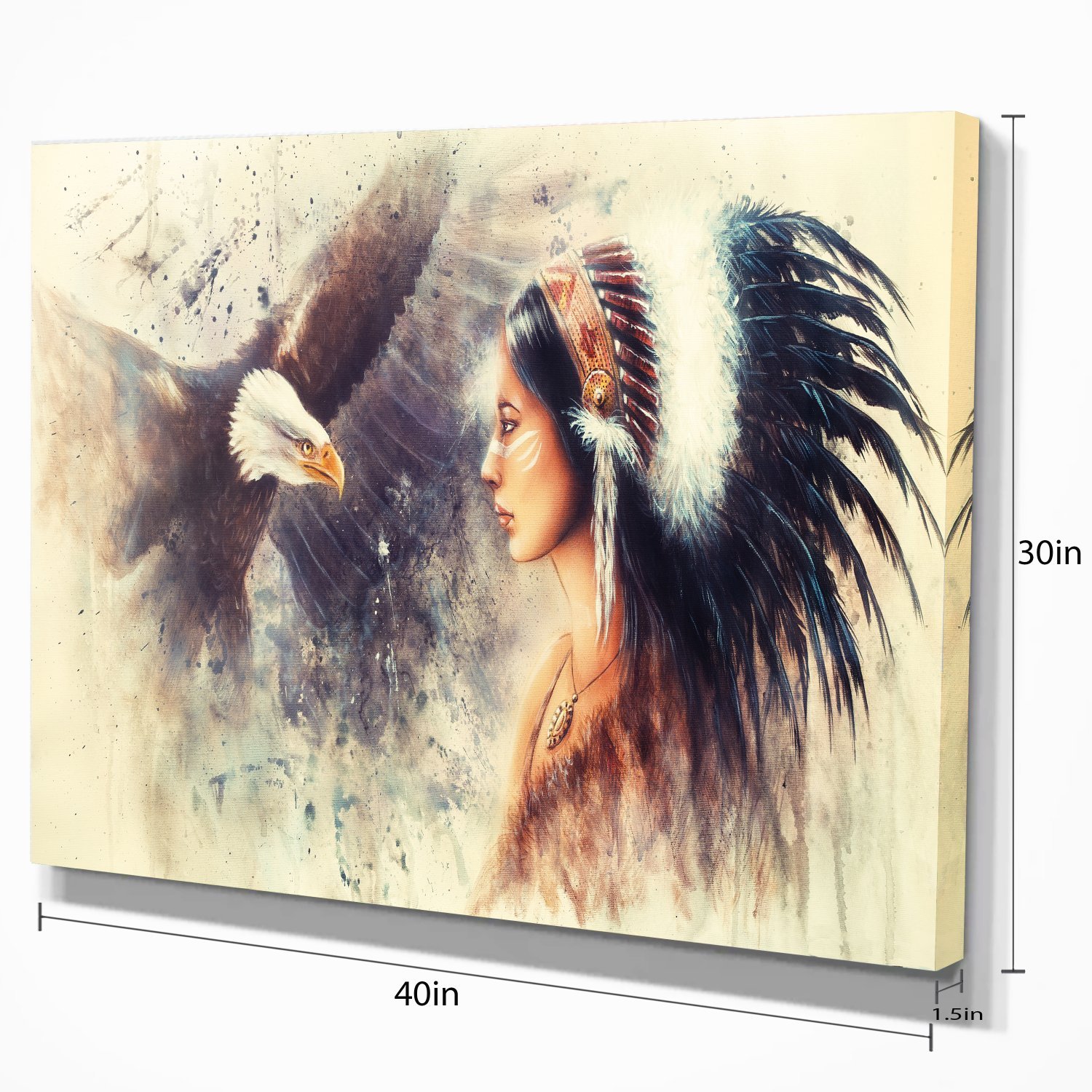 Indian Woman and Eagle Portrait Canvas Art Print - Stunning Wall Decor for Living Room, Bedroom & Office | Handmade Tribal Artwork