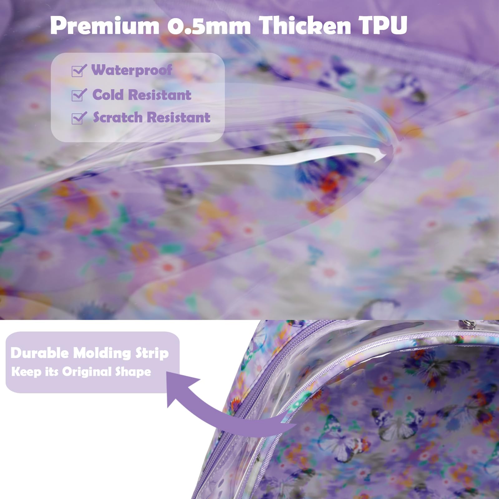 Kimwadalh Clear Backpack for Girls - Purple Butterfly TPU Transparent School Backpack, Heavy Duty See-Through Bookbag for College, Work, Security & Travel | Perfect for School, Concerts, Stadium Events & Airport Security