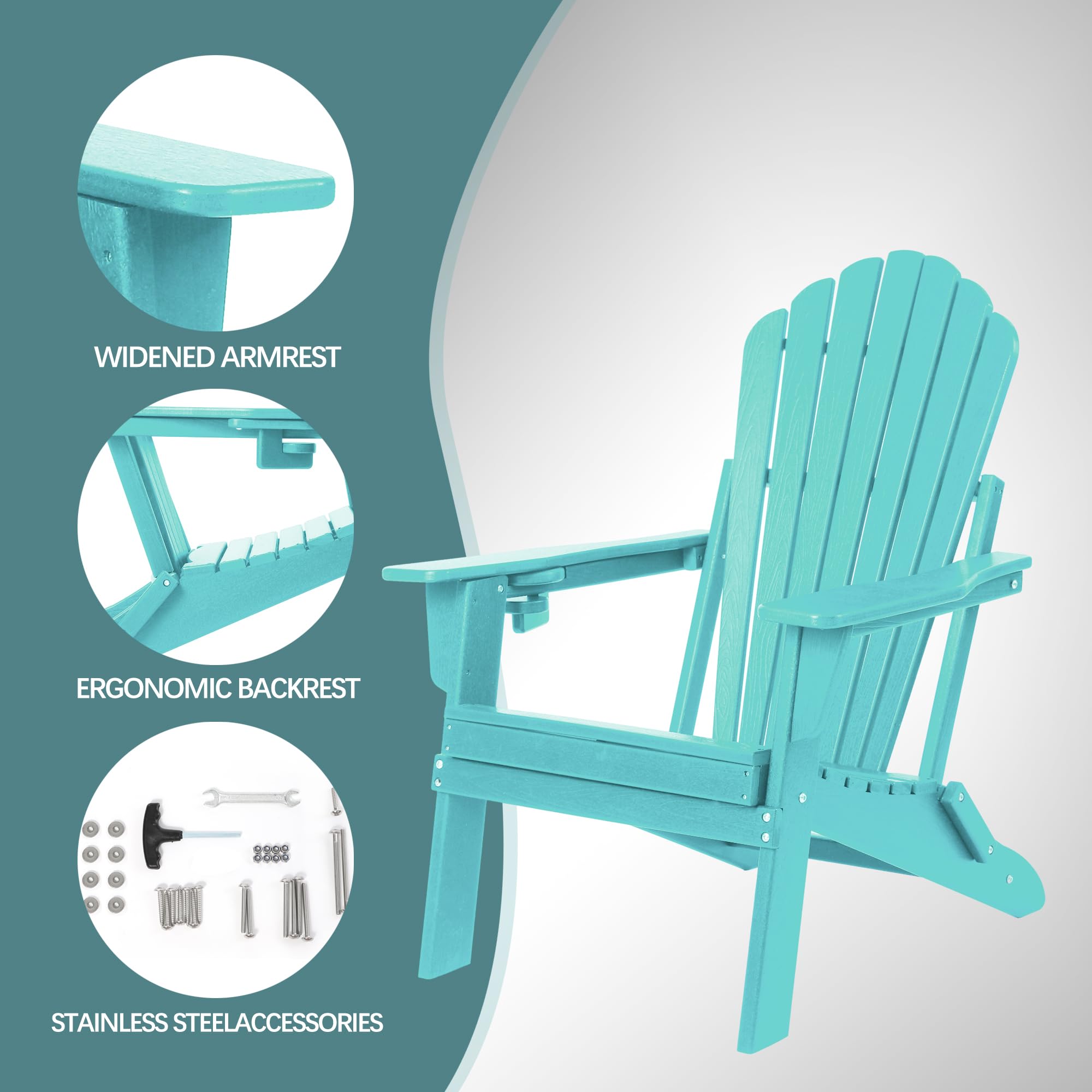 Folding Adirondack Chair with Cup Holder - Heavy Duty All-Weather HDPE, Wooden Textured, SGS Tested for Outdoor Comfort (Aruba Blue) - Perfect for Patio, Garden, Poolside & Backyard Relaxation