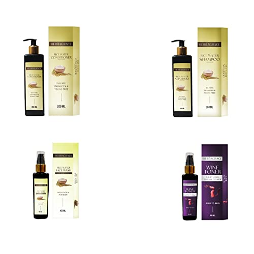 Herba Grace Complete Skin & Hair Care Combo Pack for Men & Women - Rice Water Shampoo (200ml), Conditioner (200ml), Face Wash (100ml) & Red Wine Toner (100ml) | Natural Beauty Routine for Daily Hydration & Nourishment | Perfect for Home & Travel Skincare Essentials