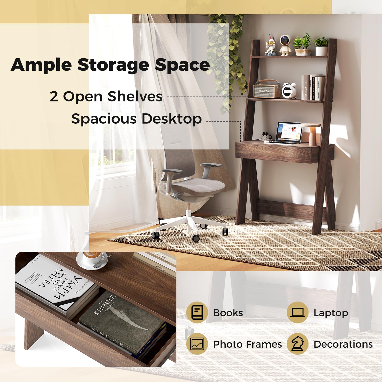 Tangkula Wall-Leaning Ladder Desk with Countertop & Drawer - Compact Home Office Computer Table with Open Shelves & Anti-Tip Kits - Space Saving Workstation for Small Rooms, Apartments & Dorm Rooms - Perfect for Remote Work, Study & Writing (Walnut)