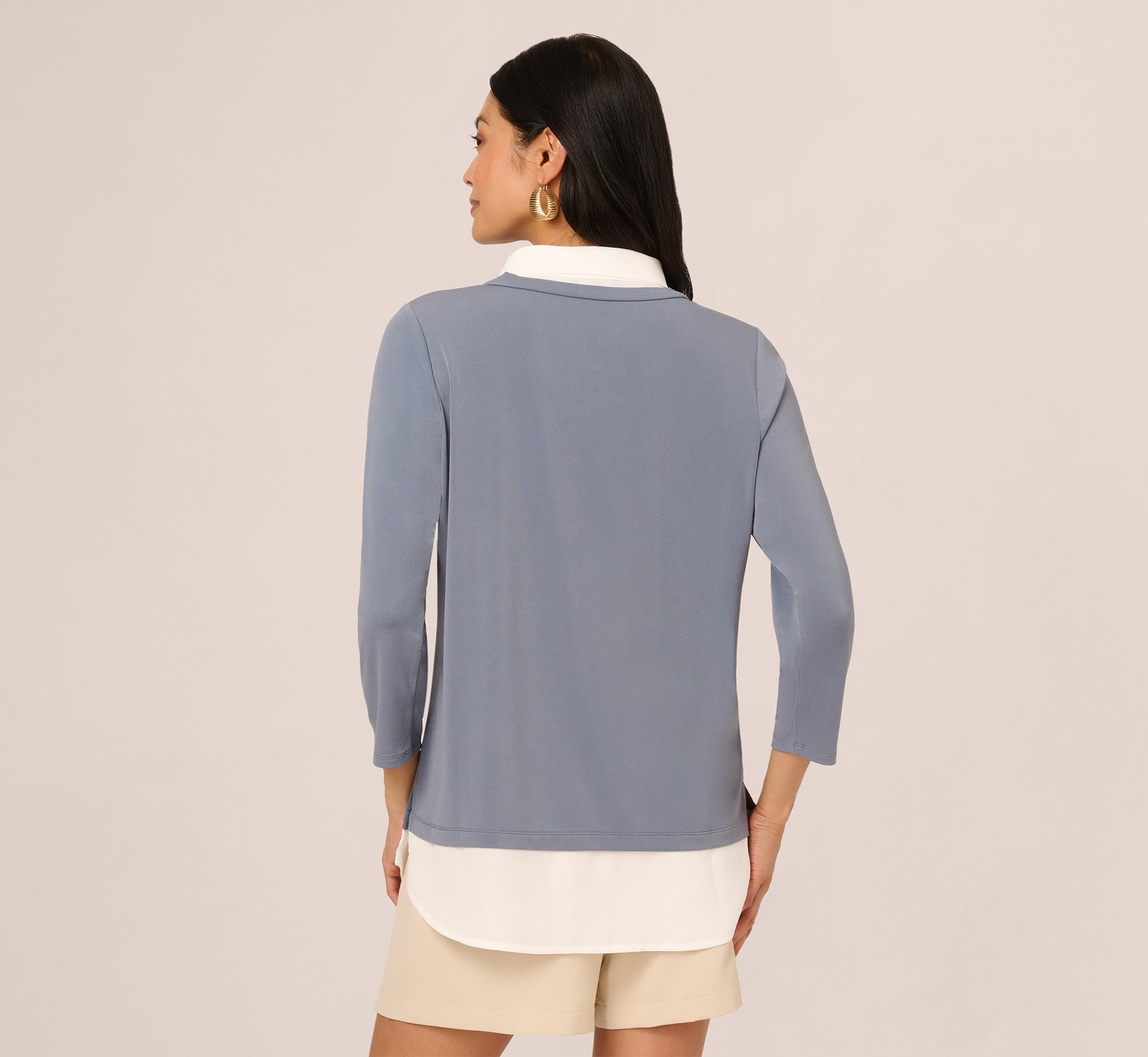 Stylish Dusty Blue & Ivory Twofer Sweater with Three-Quarter Sleeve Collar - Perfect for Office Wear & Casual Outfits | Women's Fashion