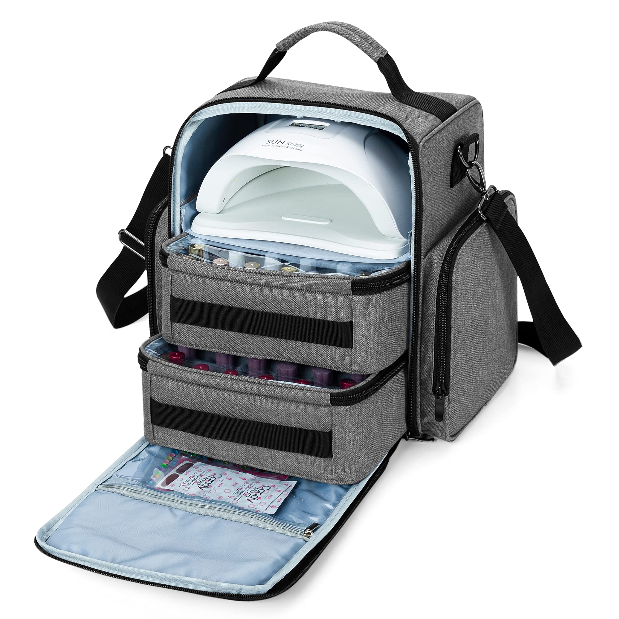 BAFASO Professional Nail Polish Organizer Case - Holds 48 Bottles (15ml/0.5oz) & Nail Lamp, Large Capacity with 2 Removable Pouches & Multiple Storage Compartments (Patented Design, Gray) - Perfect for Salon Professionals, Home Manicures & Travel Nail Storage