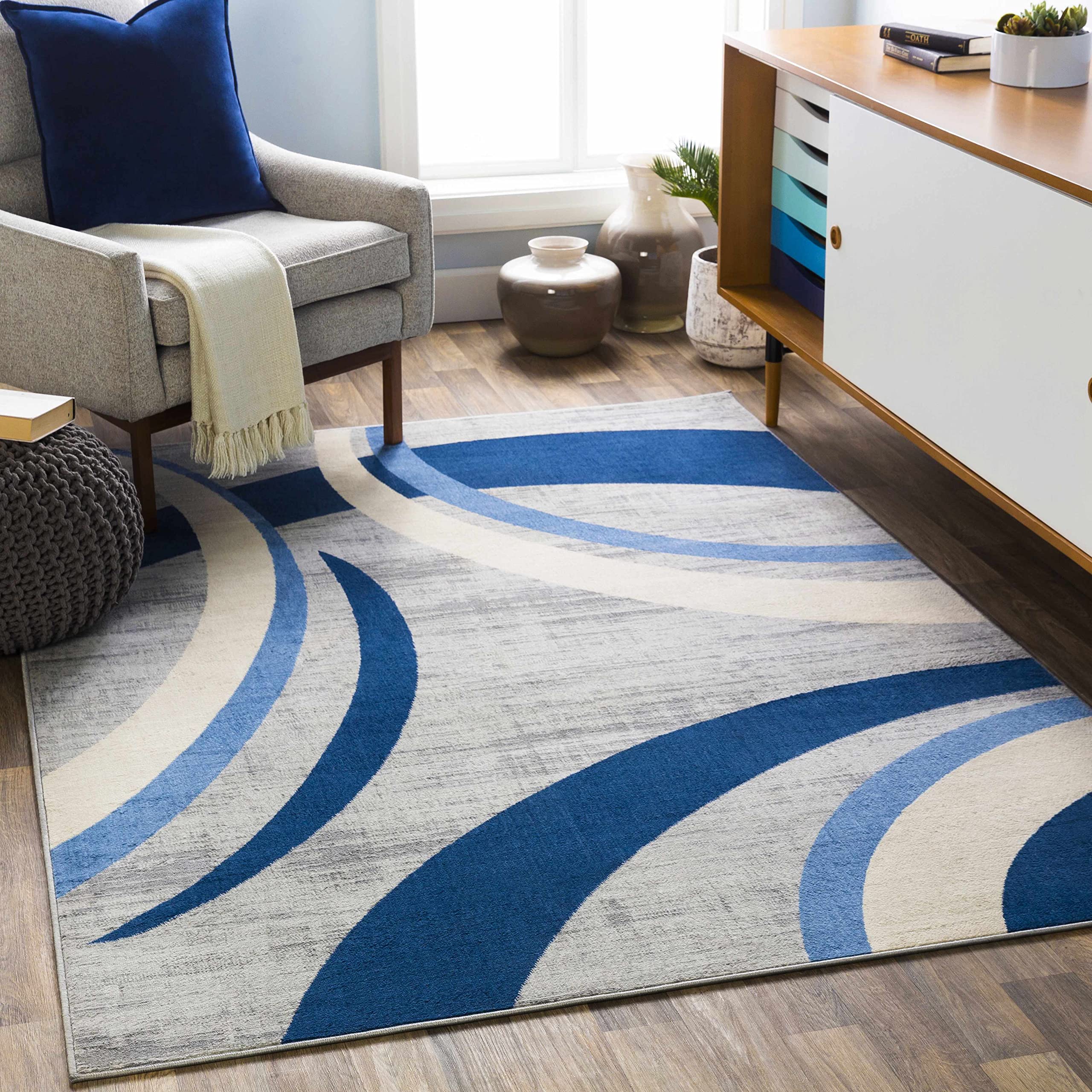 Modern Hauteloom Yeadon Area Rug for Living Room & Bedroom - Blue, Gray, Ivory - 8'10
