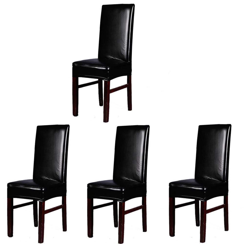 Premium PU Faux Leather Stretch Dining Chair Covers - Set of 4, Black - Waterproof & Anti-Slip Chair Protector Slipcovers for Home, Office, Restaurant & Events