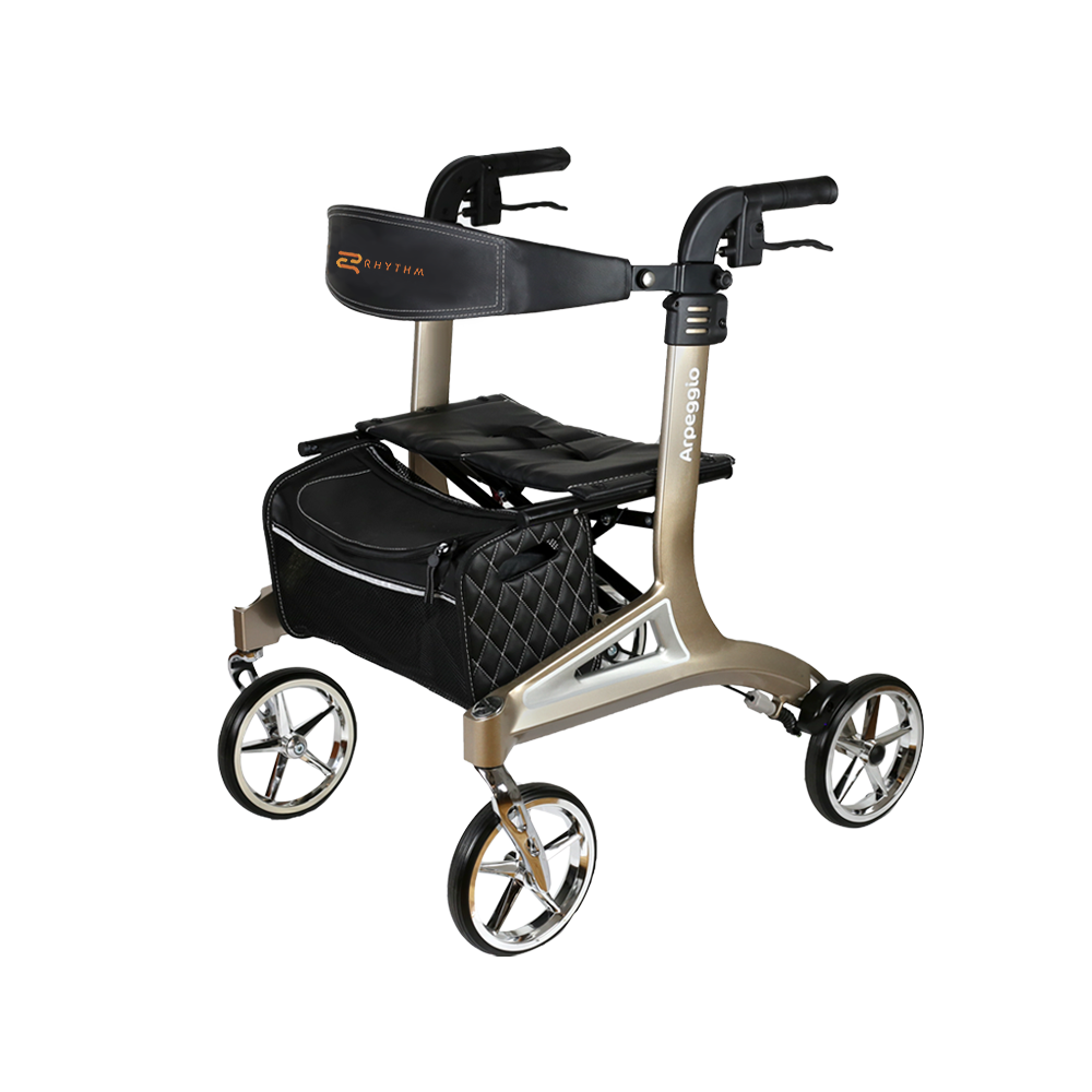 Arpreggio Rollator Walker with Seat - Champagne Gold Mobility Aid for Seniors & Adults - Lightweight Foldable Rollator for Indoor & Outdoor Use