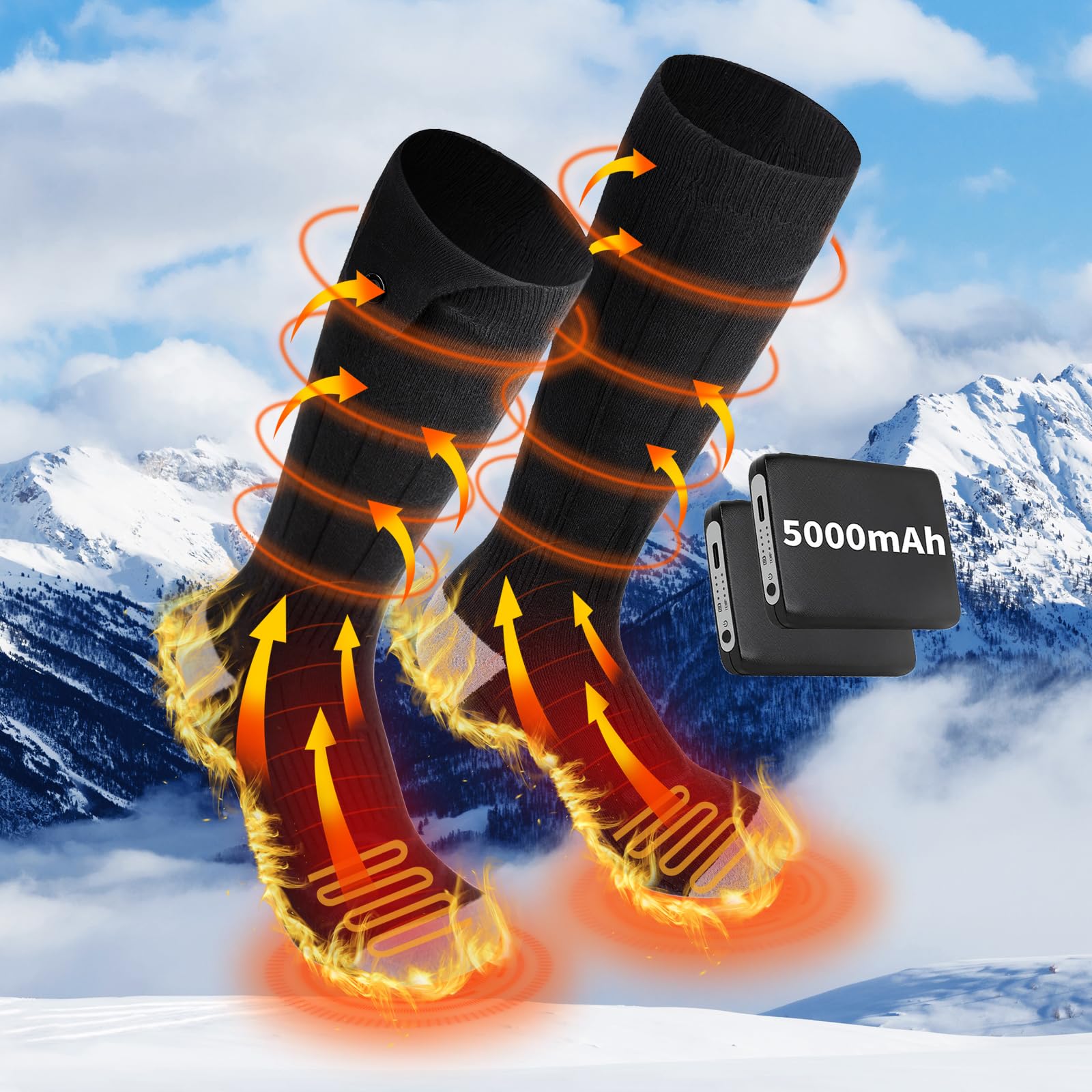 5000mAh Rechargeable Heated Socks for Men & Women - Electric Foot Warmers with Battery for Skiing, Hunting, Camping & Winter Outdoor Activities | Washable Thermal Socks for Cold Weather