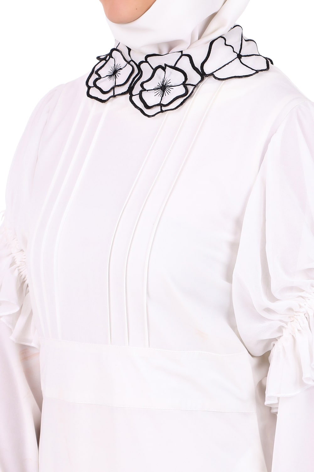 Elegant White Embroidered Floral Neck Abaya Dress for Women - Perfect for Prayer, Eid, and Special Occasions
