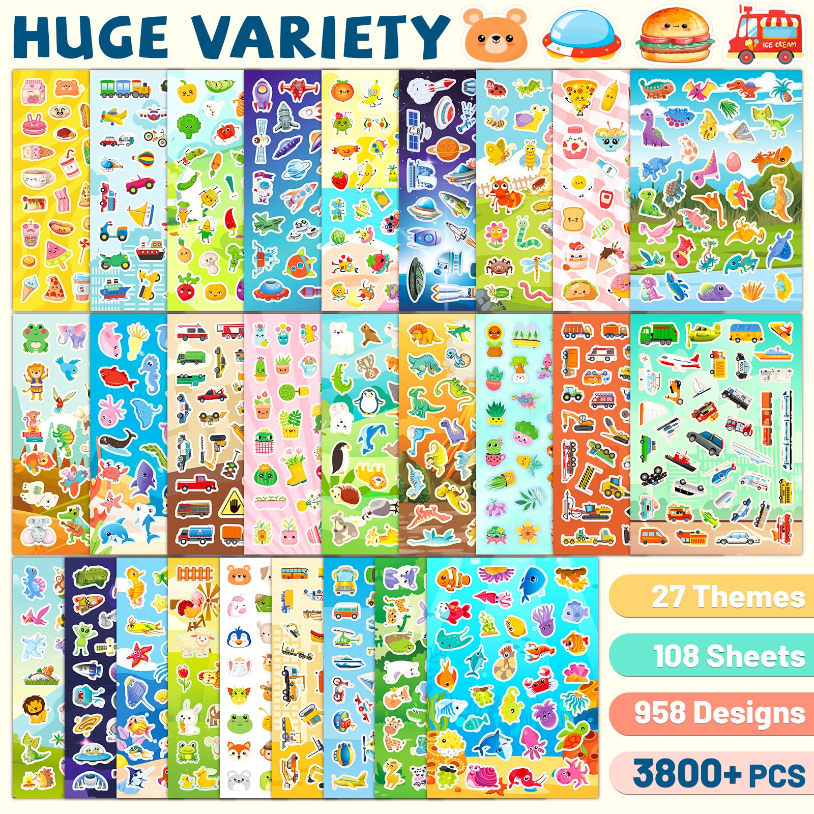 3800+ PCS Cute Stickers for Kids & Toddlers - 18 Fun Themes (Animals, Food, Dinosaurs, Cars, Plants, Space) - Bulk Stickers for School, Crafts, Scrapbooking & Reward Charts