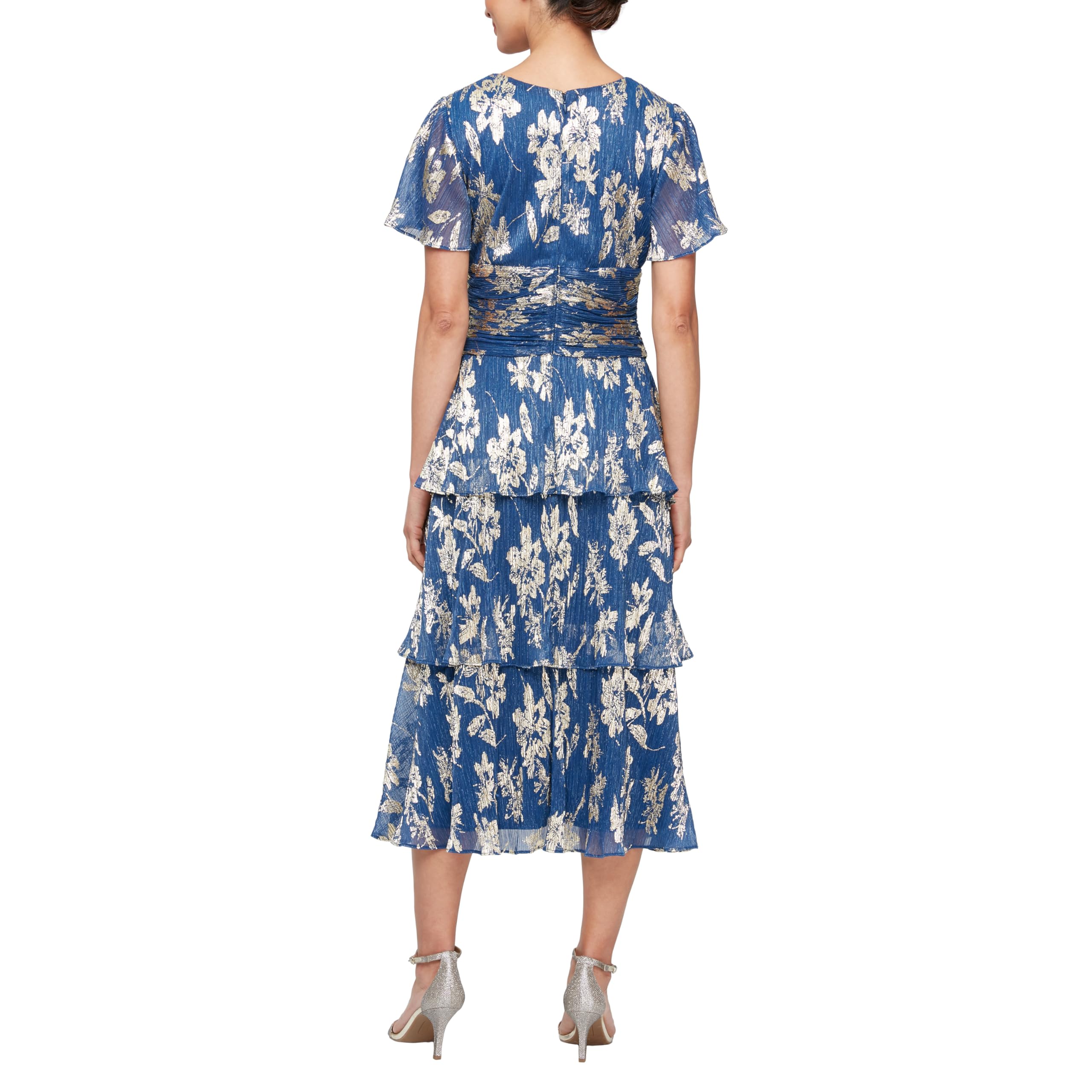 S.L. Fashions Women's Short Sleeve V-Neck Midi Cocktail Dress with Ruched Waist - Wedding Guest, Party, Formal Occasion Dress (Petite & Regular Sizes) - Perfect for Bridal Showers, Evening Events & Special Celebrations