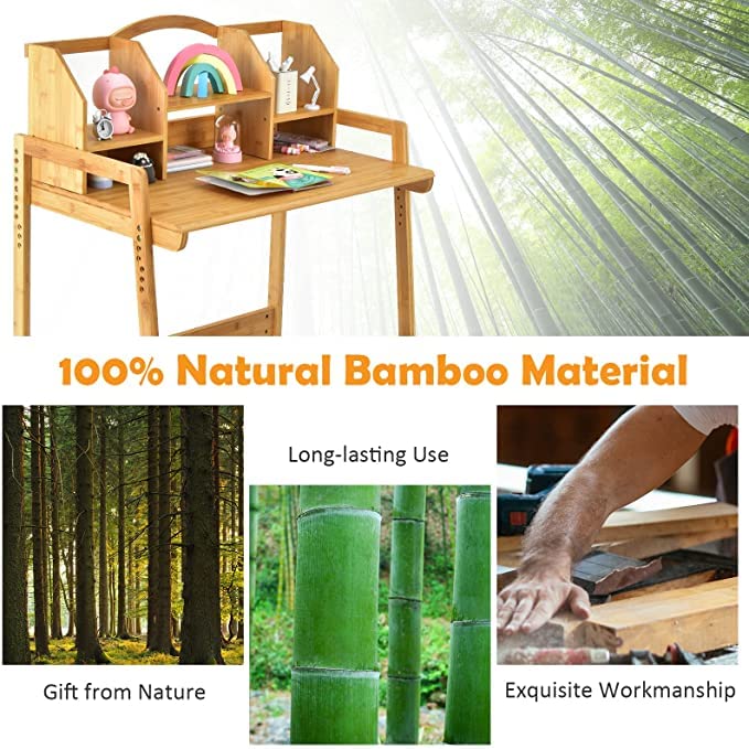 UNICOO Adjustable Bamboo Kids Desk and Chair Set - Ergonomic Study Table for Children, Eco-Friendly & Height Adjustable (Natural Wood) - Perfect for Homework, Drawing, and Online Learning at Home