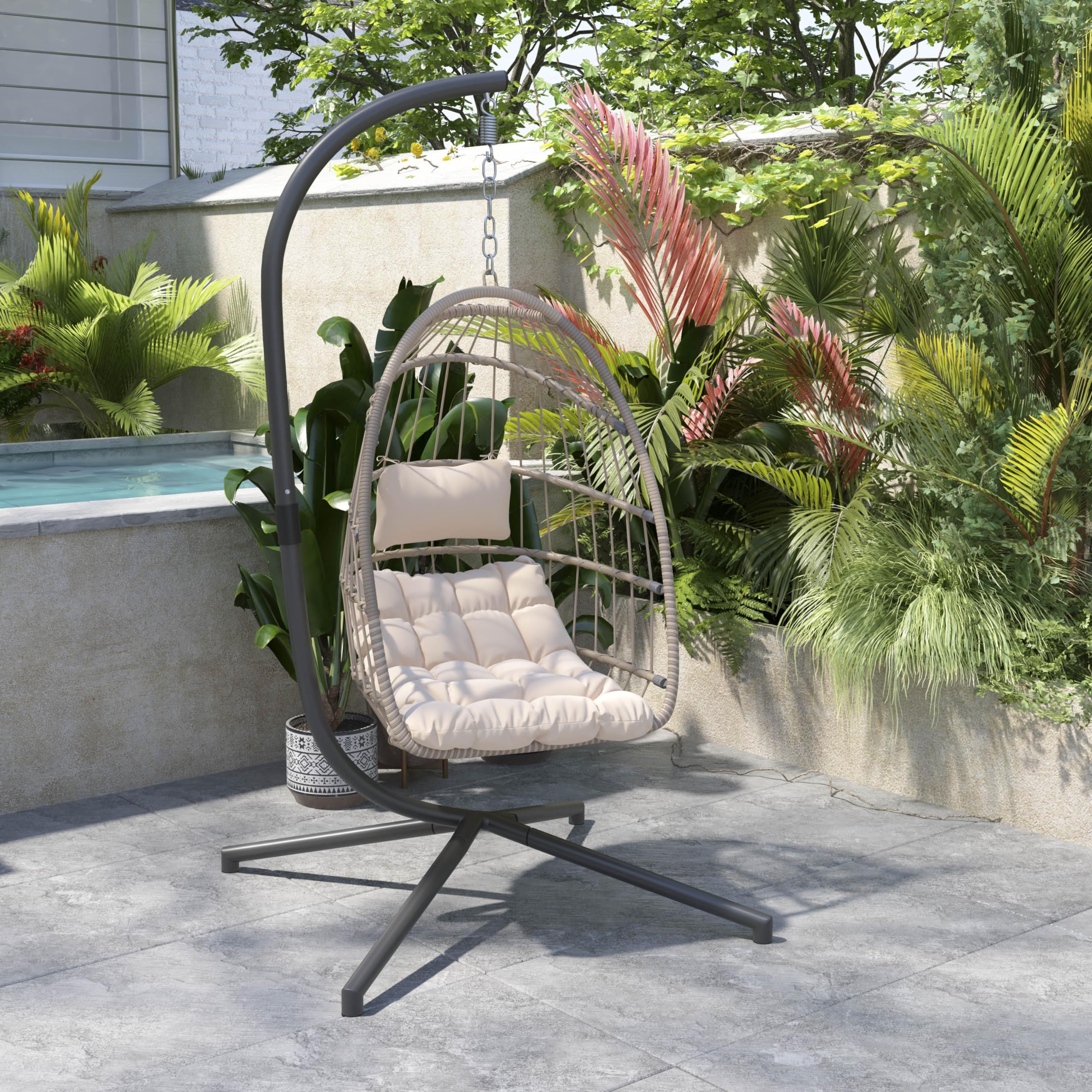 Cleo Indoor/Outdoor Patio Hanging Egg Chair - Natural Wicker Frame with Cream Cushions, Black Powder-Coated C-Stand - Perfect for Porch, Garden & Backyard Relaxation