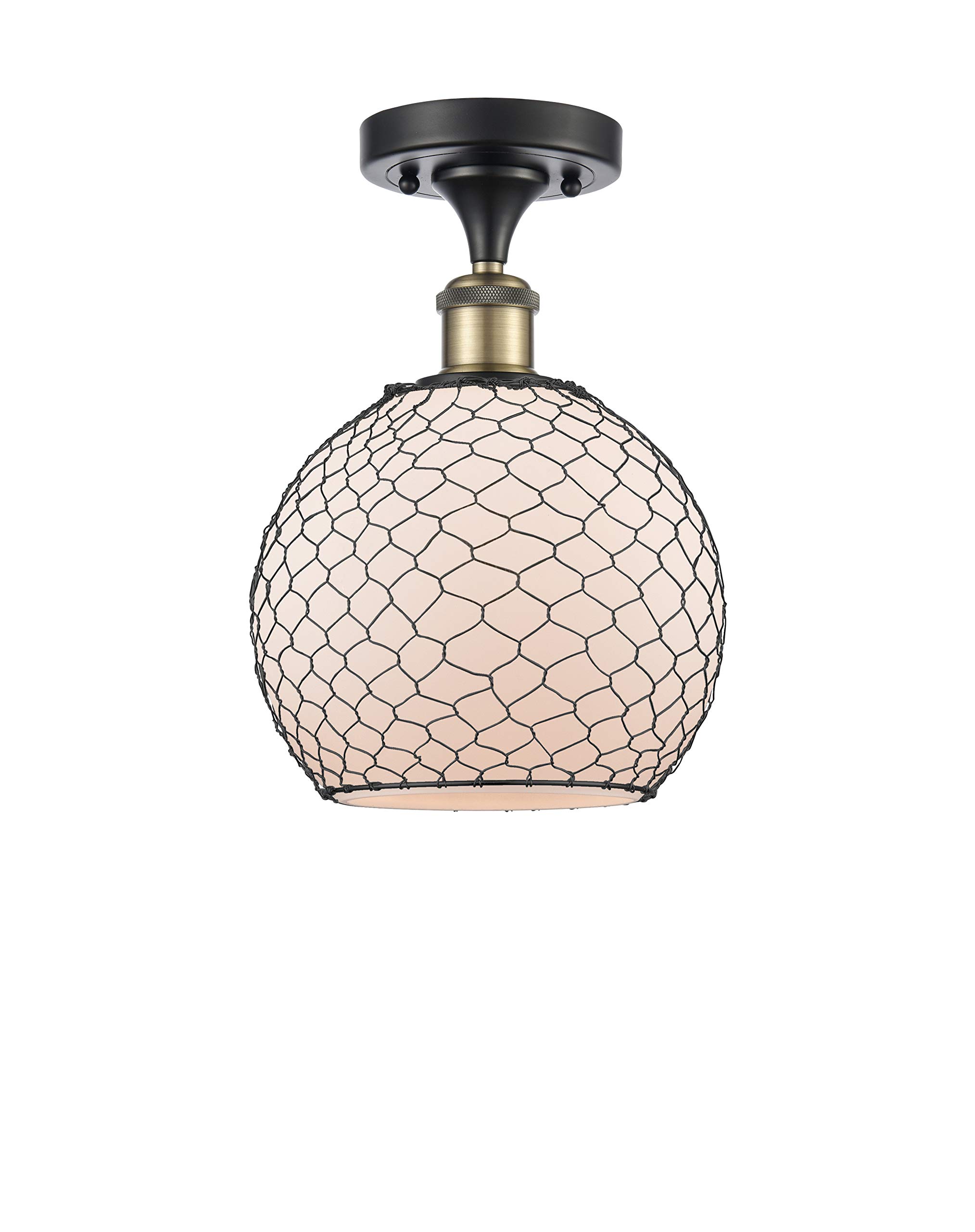 Ballston Collection Black Antique Brass Farmhouse Chicken Wire 1-Light Semi-Flush Mount Ceiling Light Fixture - Rustic Kitchen, Dining Room or Bedroom Lighting