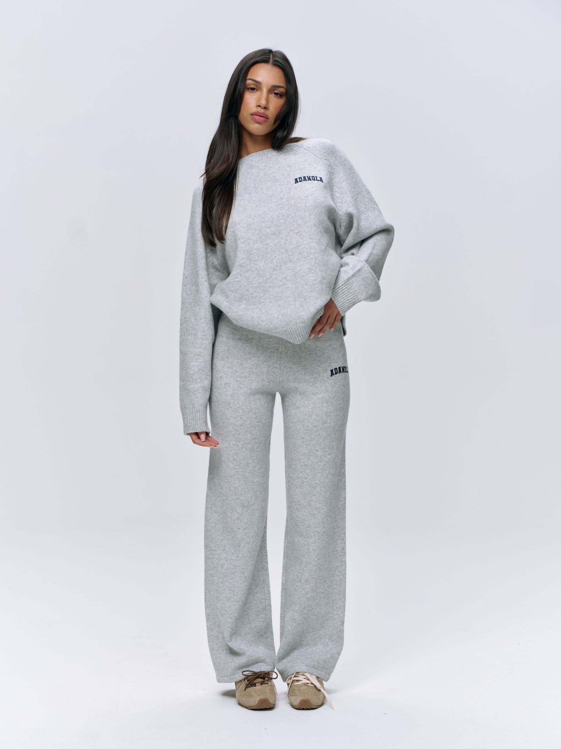 Varsity Knit Straight Leg Sweatpants for Men & Women - Light Grey Melange & Navy Blue - Comfortable Casual Lounge Pants for Home, Gym, and Everyday Wear