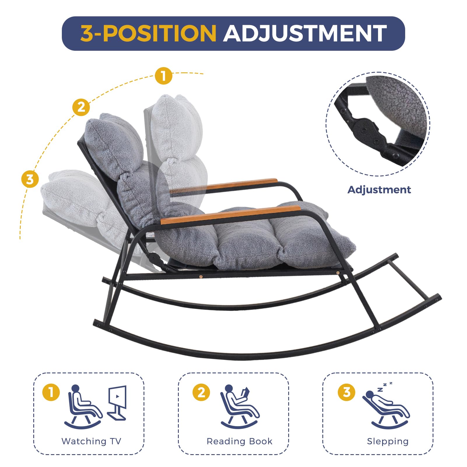 MAXYOYO Boucle Rocking Chair with Adjustable Backrest - Extra Wide Glider Recliner for Living Room, Nursery & Outdoor Use - Soft Grey Fabric - Perfect for Nursing, Relaxing & Reading (Grey)