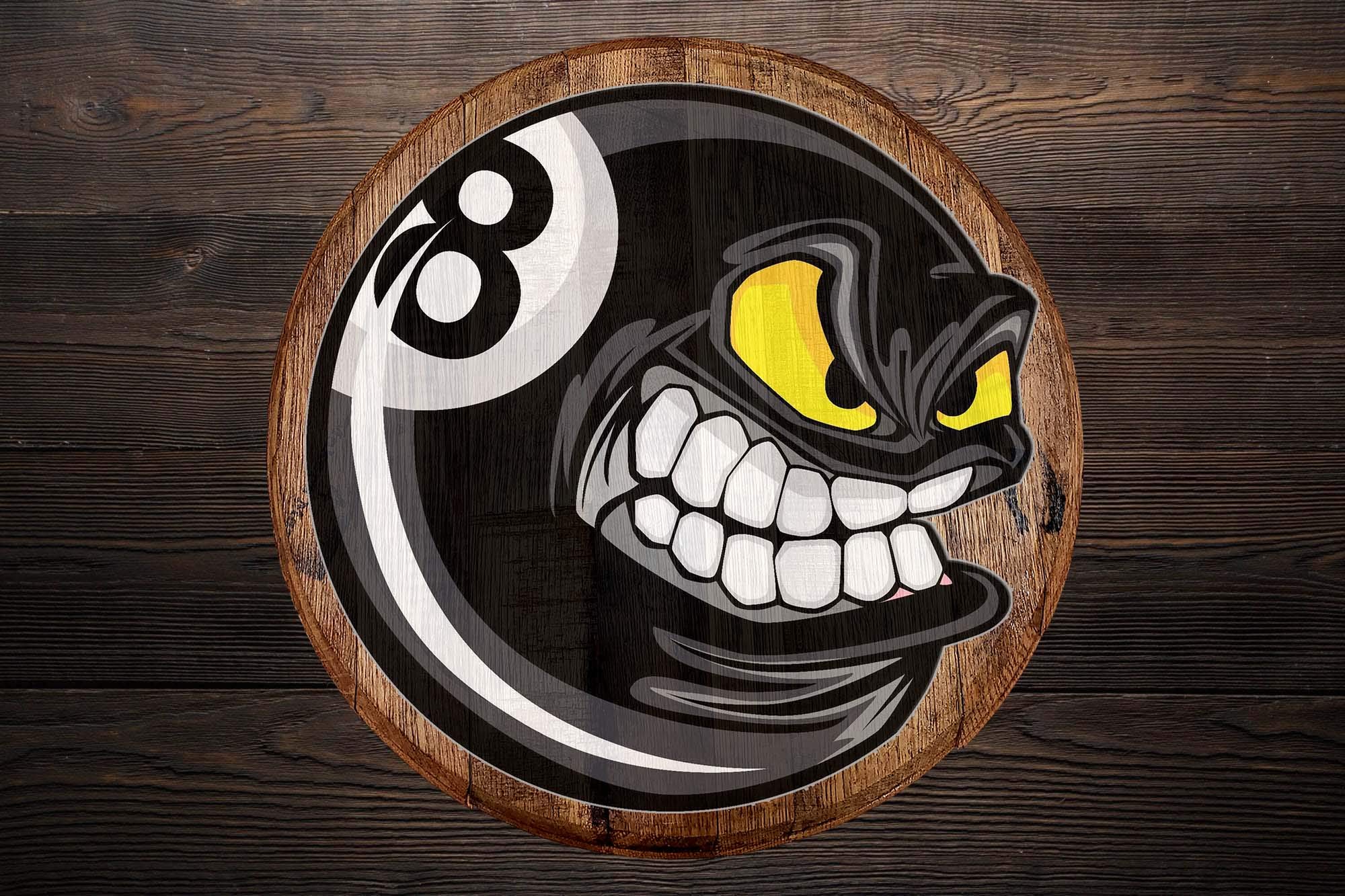 Reclaimed Whiskey Barrel Head - Cartoon Angry 8 Ball Billiards Wall Decor - Rustic Bar Sign for Man Cave, Game Room & Pub Decor - Perfect for Sports Bars & Basement Hangouts