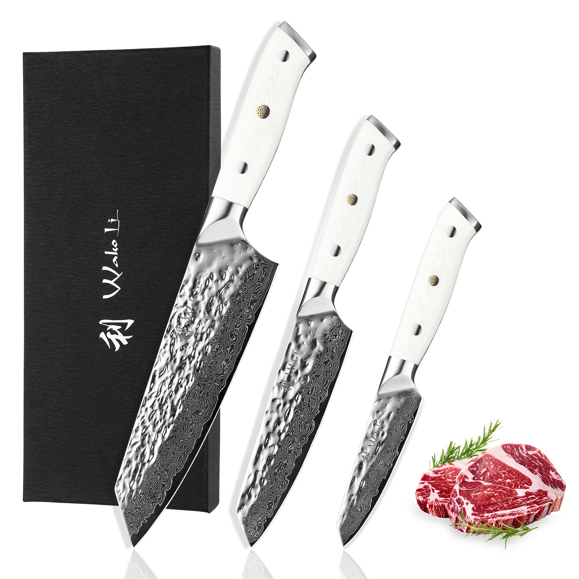Wakoli 3-Piece Damascus Steel Chef Knife Set - 67-Layer VG10 Core Professional Kitchen Knives with Ergonomic G10 Handles, Gift Box Included (Pearl Blanche) - Perfect for Home Chefs, Cooking Enthusiasts & Gourmet Food Preparation
