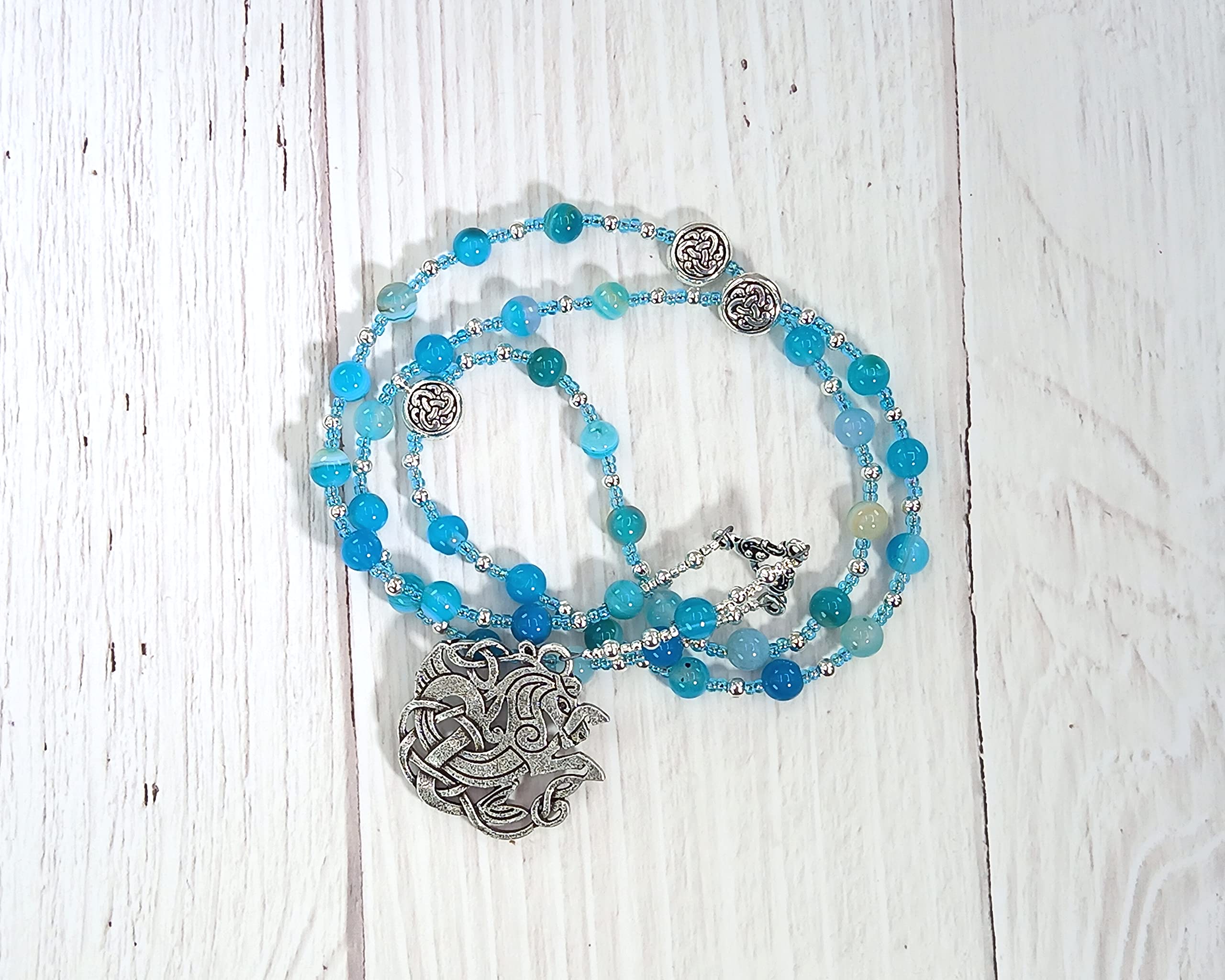 Manannan mac Lir Prayer Bead Necklace - Blue Agate Celtic Jewelry | Irish Sea God Necklace for Spiritual Protection & Meditation | Perfect for Pagan Rituals & Celtic Traditions