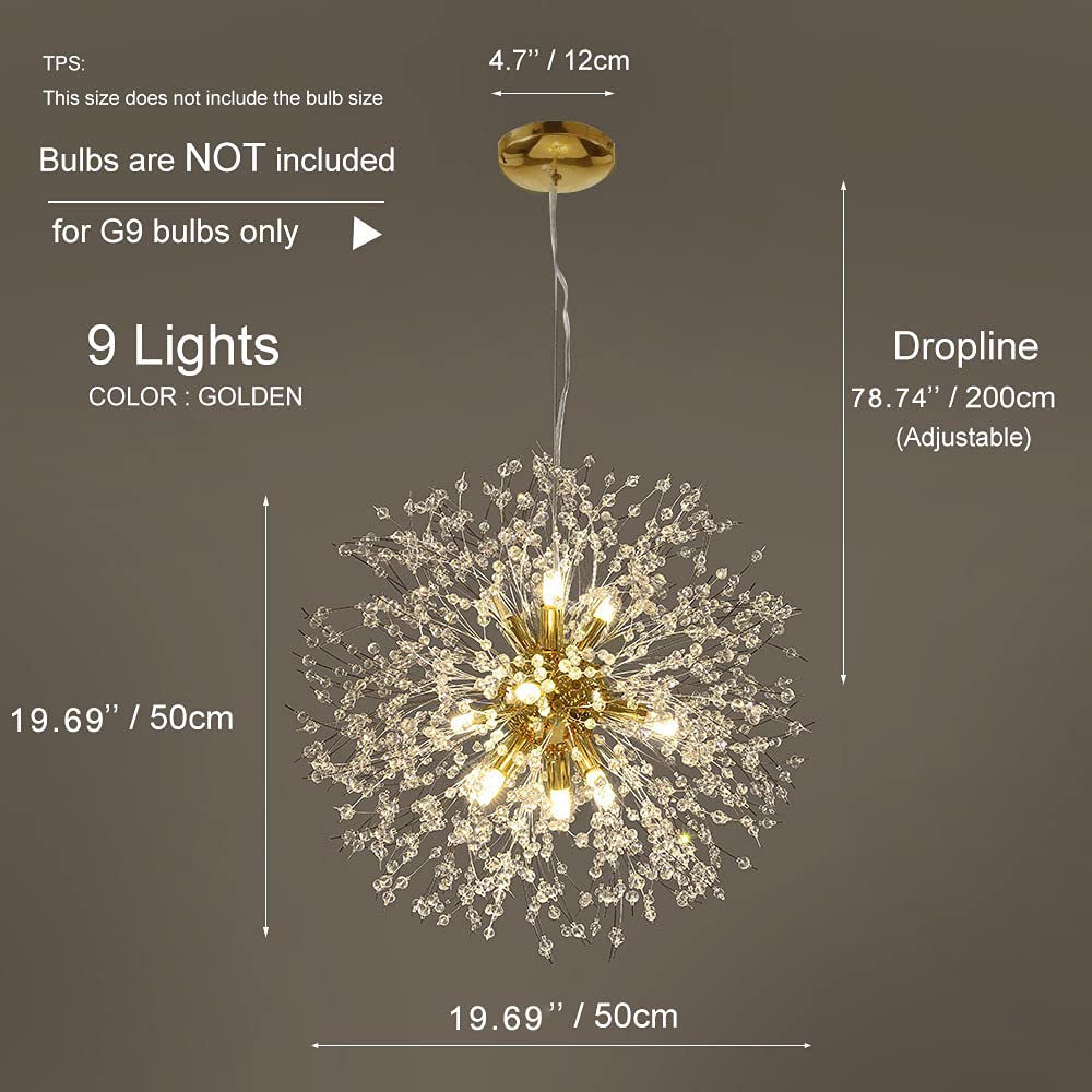Qamra Modern Gold Crystal Chandelier - 9-Light Firework Dandelion Sputnik Pendant Lighting Fixture for Dining Room, Bedroom, Kitchen & Living Room | Elegant Ceiling Light for Home Decor, Wedding & Restaurant Lighting