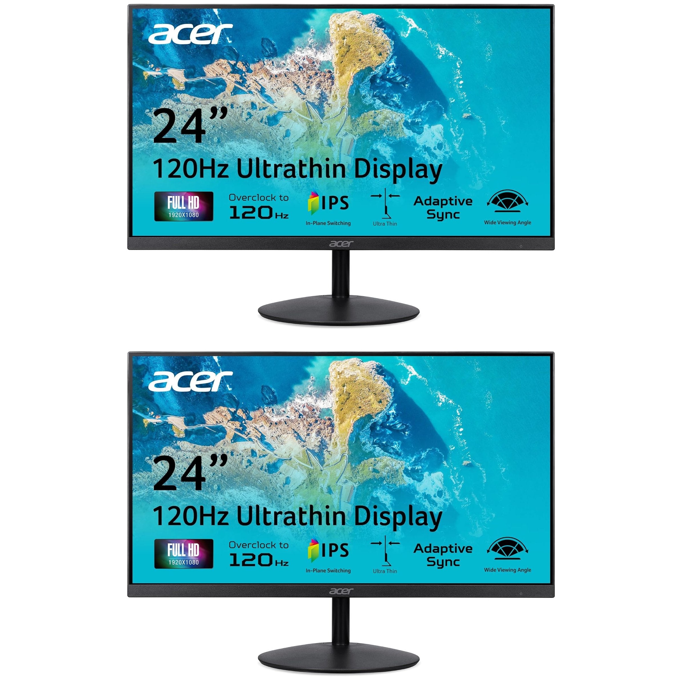 Acer 23.8 Inch FHD 1080p 120Hz Ultra Slim Gaming Monitor with Adaptive Sync IPS Panel - 2 Pack Set for PC, PS5, Xbox Series X Gaming Setup & Home Office Workstation