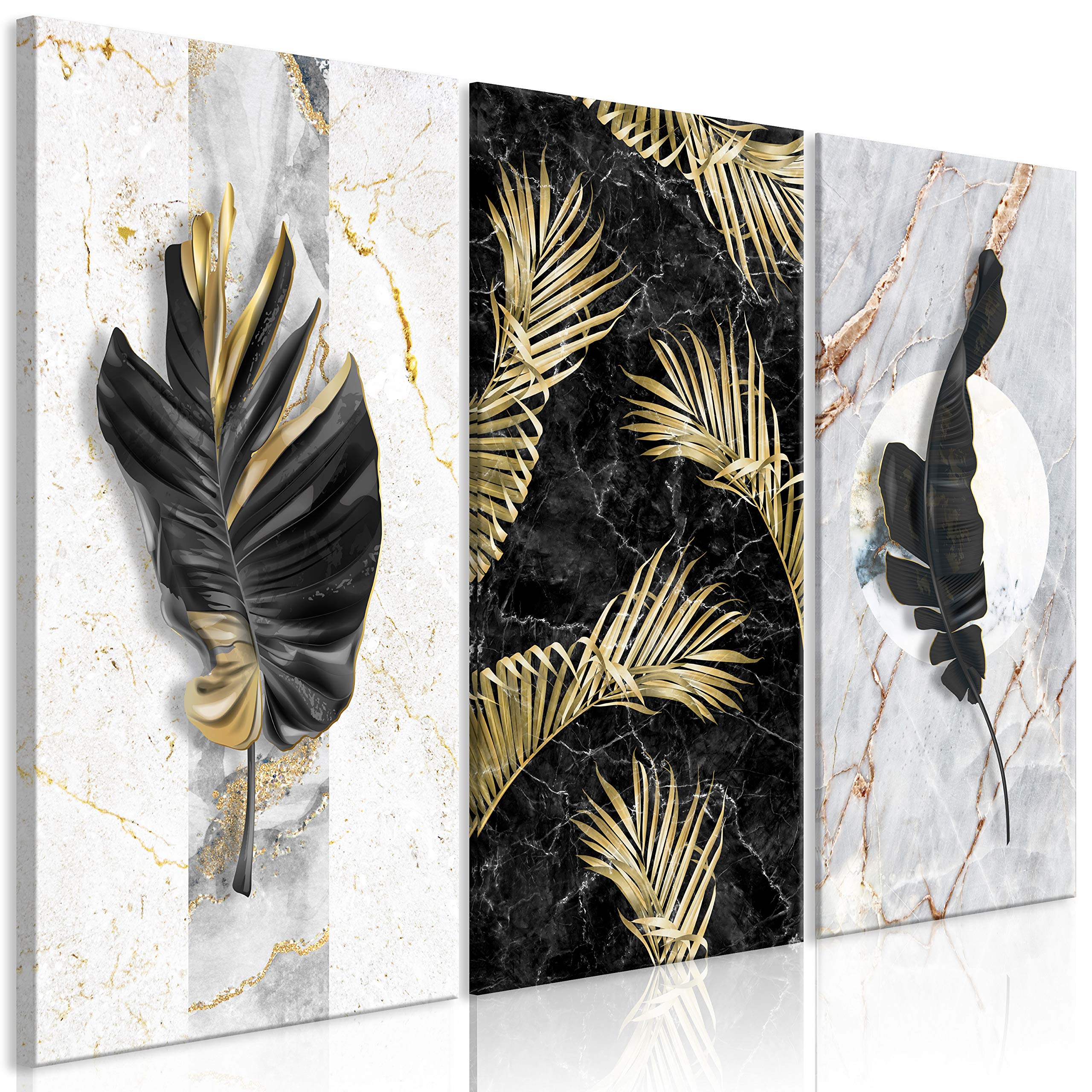 Artgeist Acoustic Canvas Wall Art - 3 Panel Tropical Leaves Soundproofing Decor (47x31 inches) with Acoustic Foam for Home Theater, Office & Bedroom Noise Reduction - Marble Palm Leaves Botanical Print B-C-0716-B-E