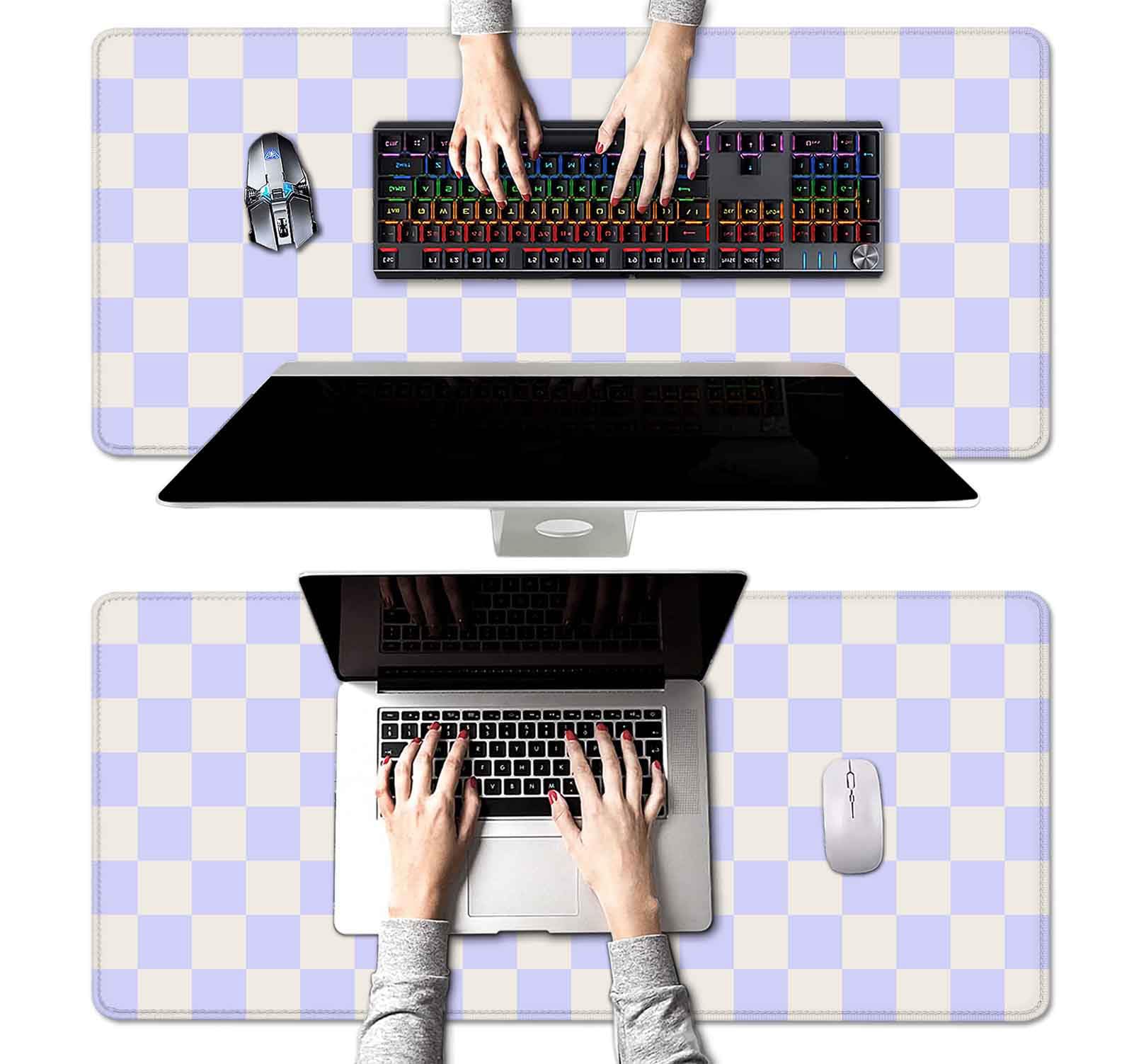 Pastel Purple Checkered Desk Mat - Aesthetic Pink Pattern Large Mouse Pad for Office & Gaming - 35.4