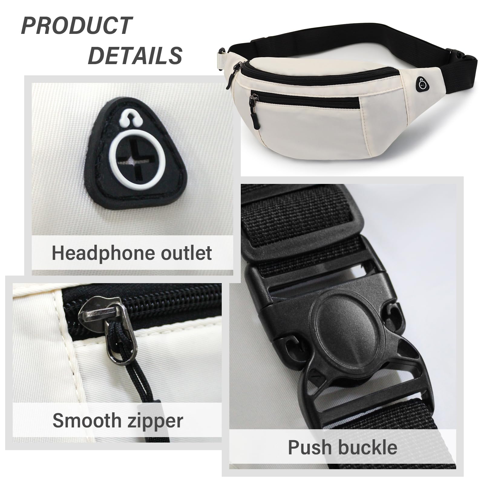 Waterproof Fanny Pack for Men & Women - Adjustable Waist Bag with Multi-Pockets | Lightweight Crossbody Belt Pack for Running, Hiking, Travel & Outdoor Activities (White)