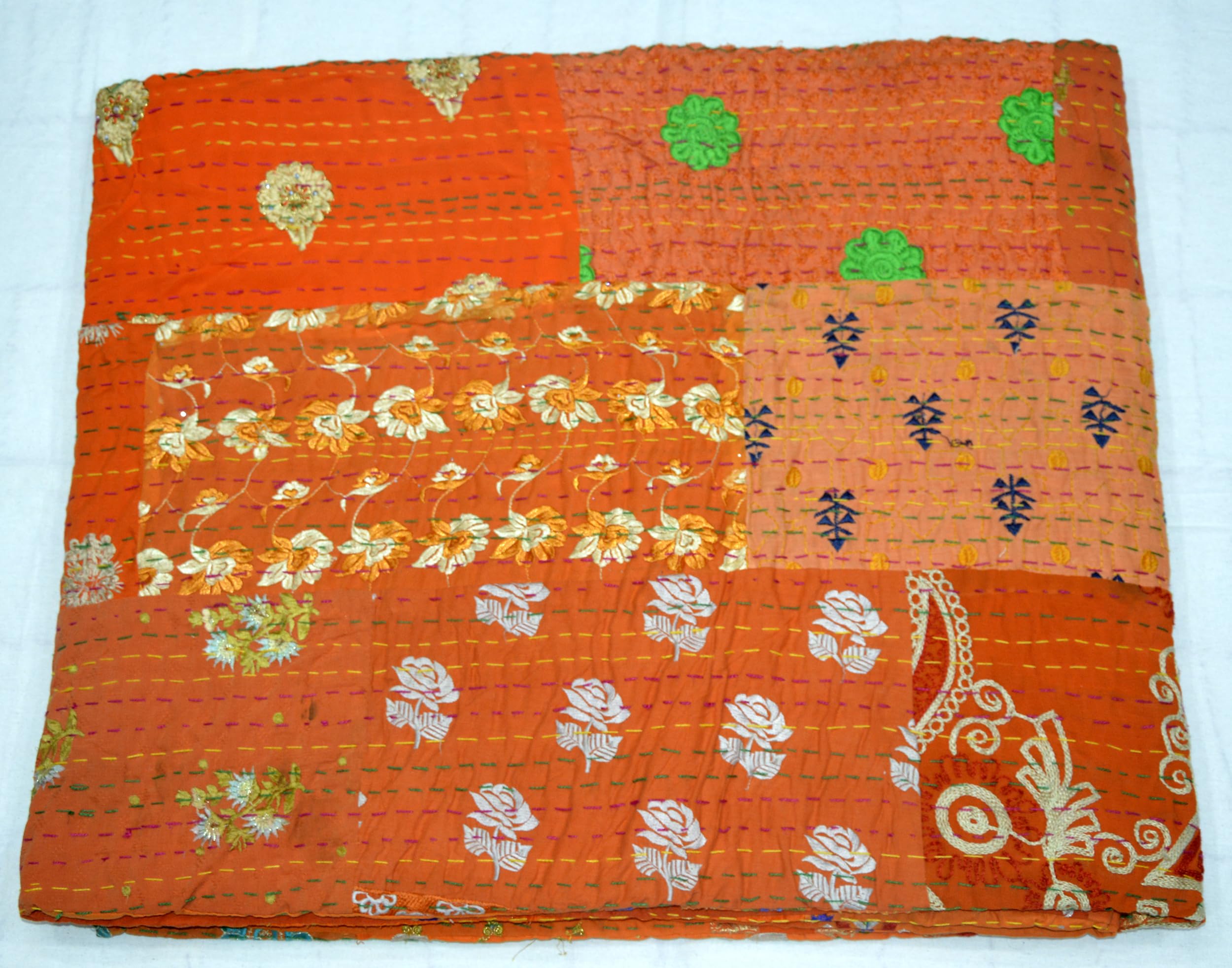 Marusthali Kantha Cotton Quilt - Handmade Indian Blanket with Sari Patchwork & Embroidery - Queen Size 90x108 Inch Bedspread, Throw, Coverlet - Orange with Sham Covers - Perfect for Boho Bedroom Decor, Guest Room Accent & Cozy Living Room Throw