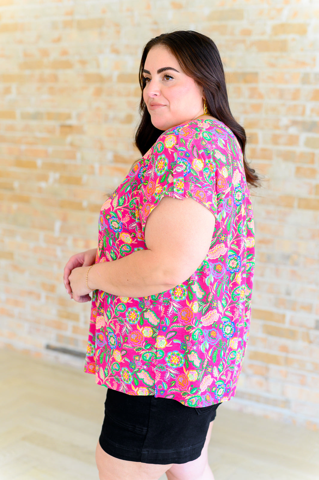 Lizzy Cap Sleeve Top - Fuchsia & Green Floral Paisley Print Women's Blouse | Perfect for Summer Outfits, Casual Wear & Boho Fashion
